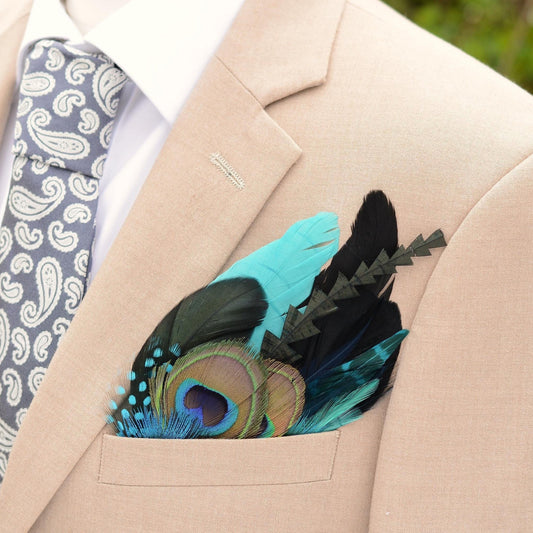 Shades of Teal and Turquoise Peacock Eye Feather Pocket Square No.252 | Suit Accessory