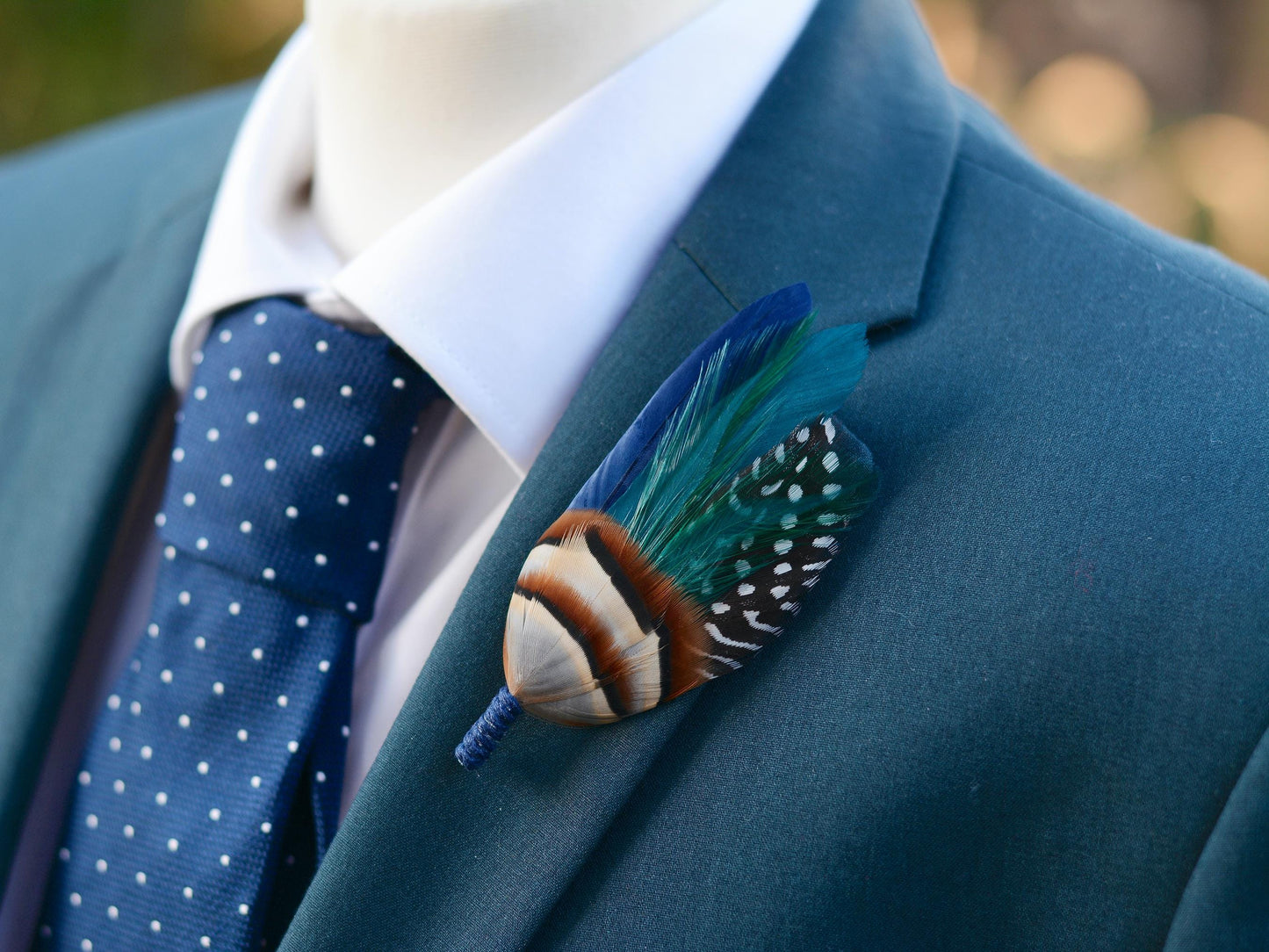 Navy Blue and Teal Feather Boutonniere | Duck Feather Hat Pin