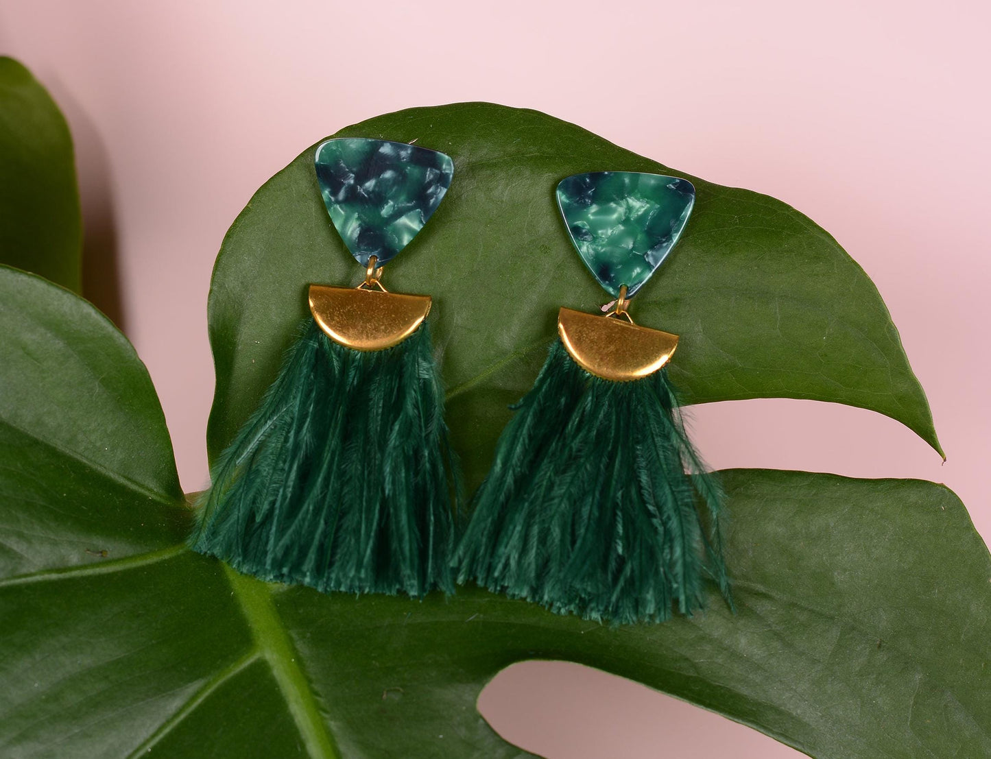 Rich Green Triangle Acetate and Ostrich Feather Tassel Earrings