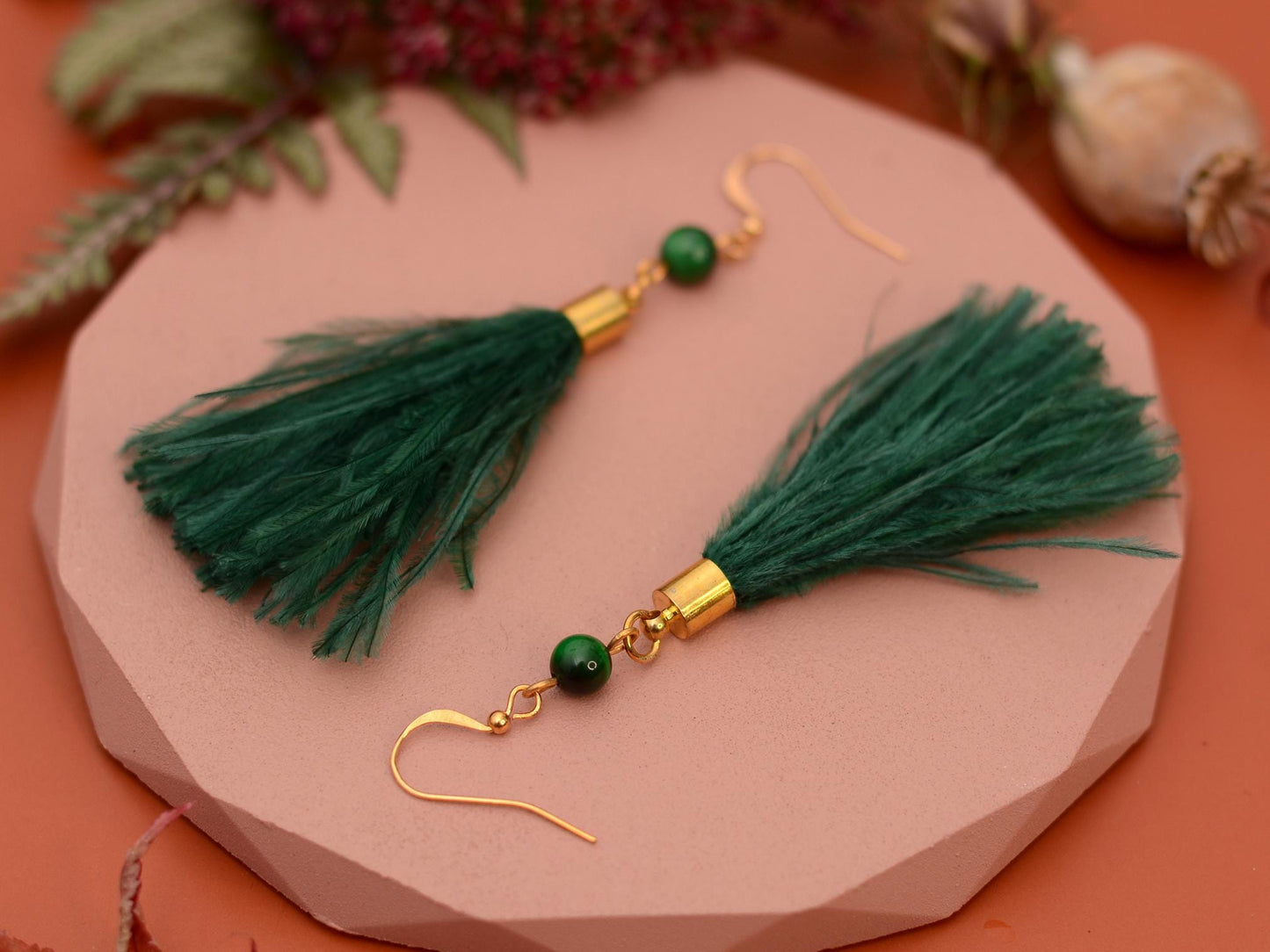 Green Agate and Ostrich Feather Tassel Earrings | Feather Jewellery | Long Earrings