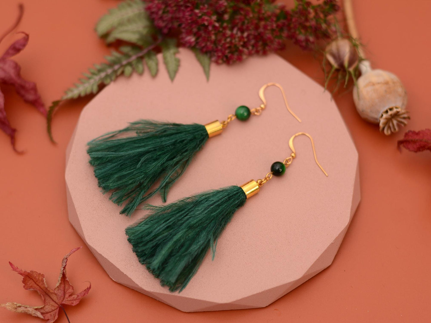 Green Agate and Ostrich Feather Tassel Earrings | Feather Jewellery | Long Earrings