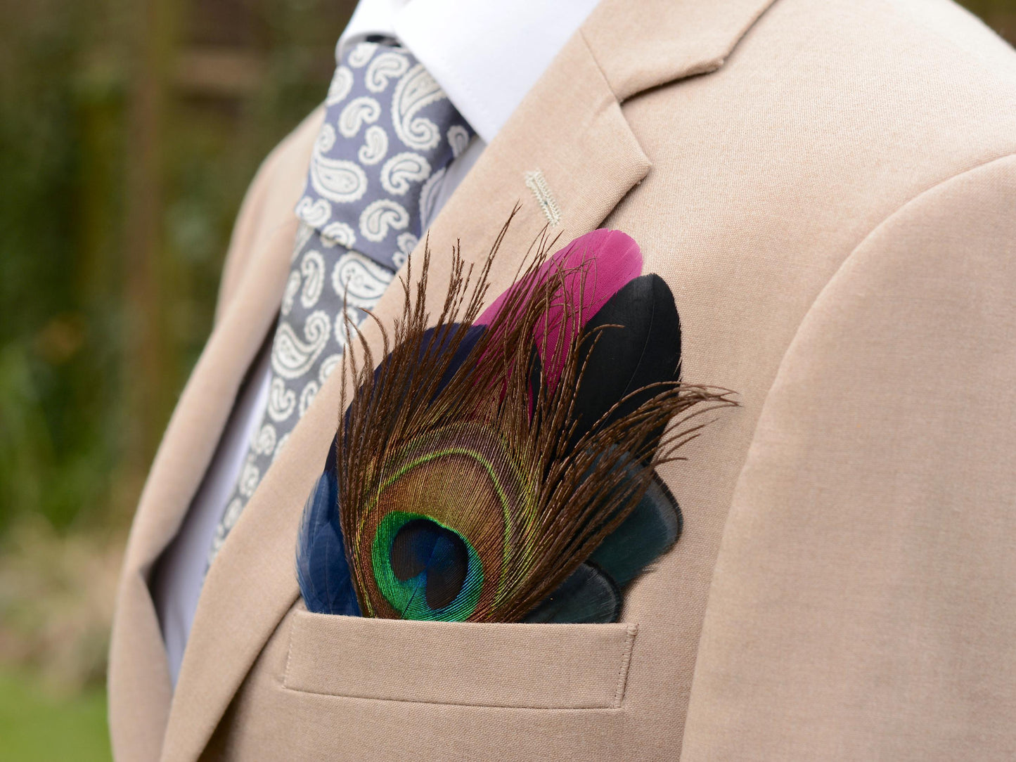 Plum Purple, Black, Navy and Peacock Feather Pocket Square No.154 | Suit Accessory | Feather Neck Tie | Grooms Outfit | Groomsmen | Wedding