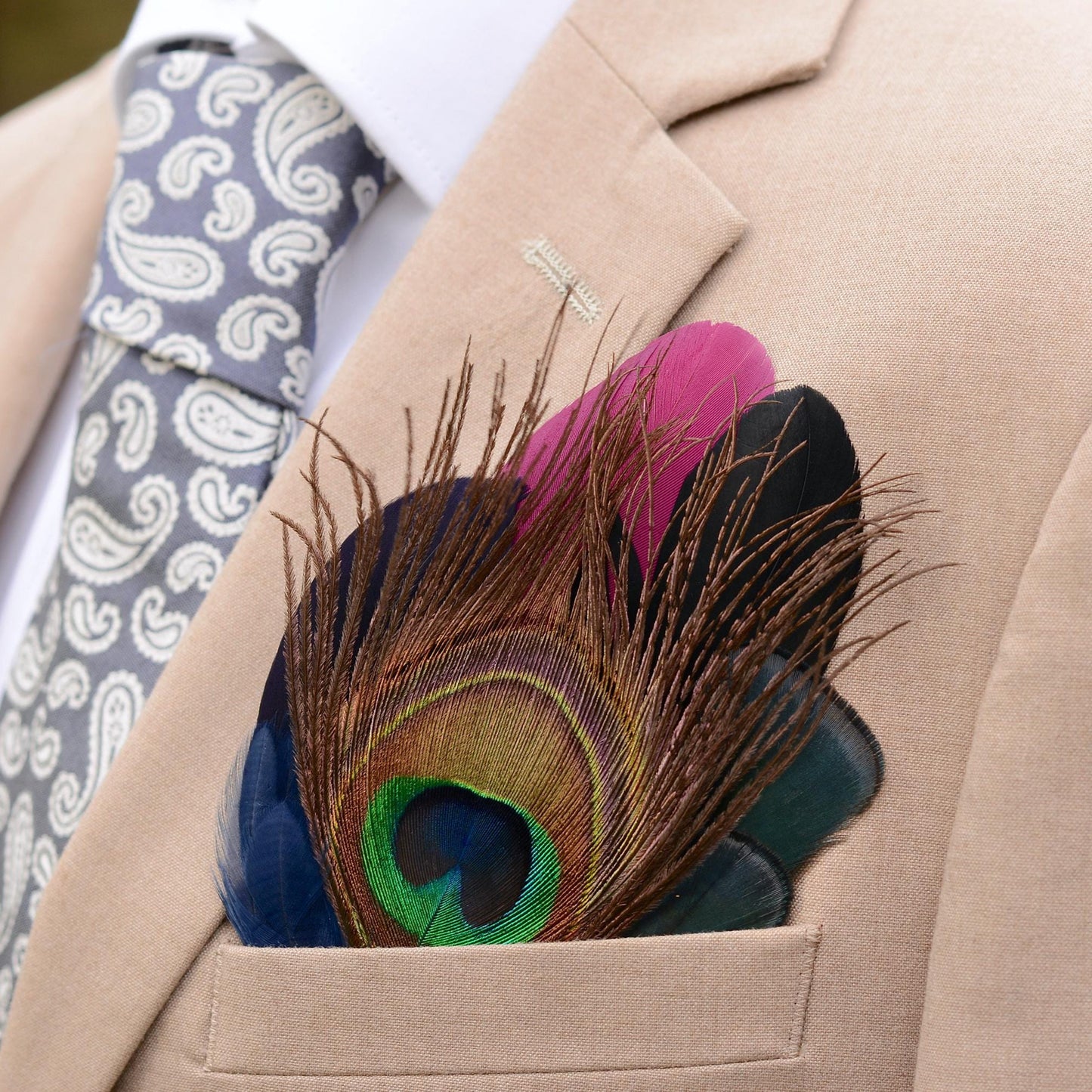 Plum Purple, Black, Navy and Peacock Feather Pocket Square No.154 | Suit Accessory | Feather Neck Tie | Grooms Outfit | Groomsmen | Wedding