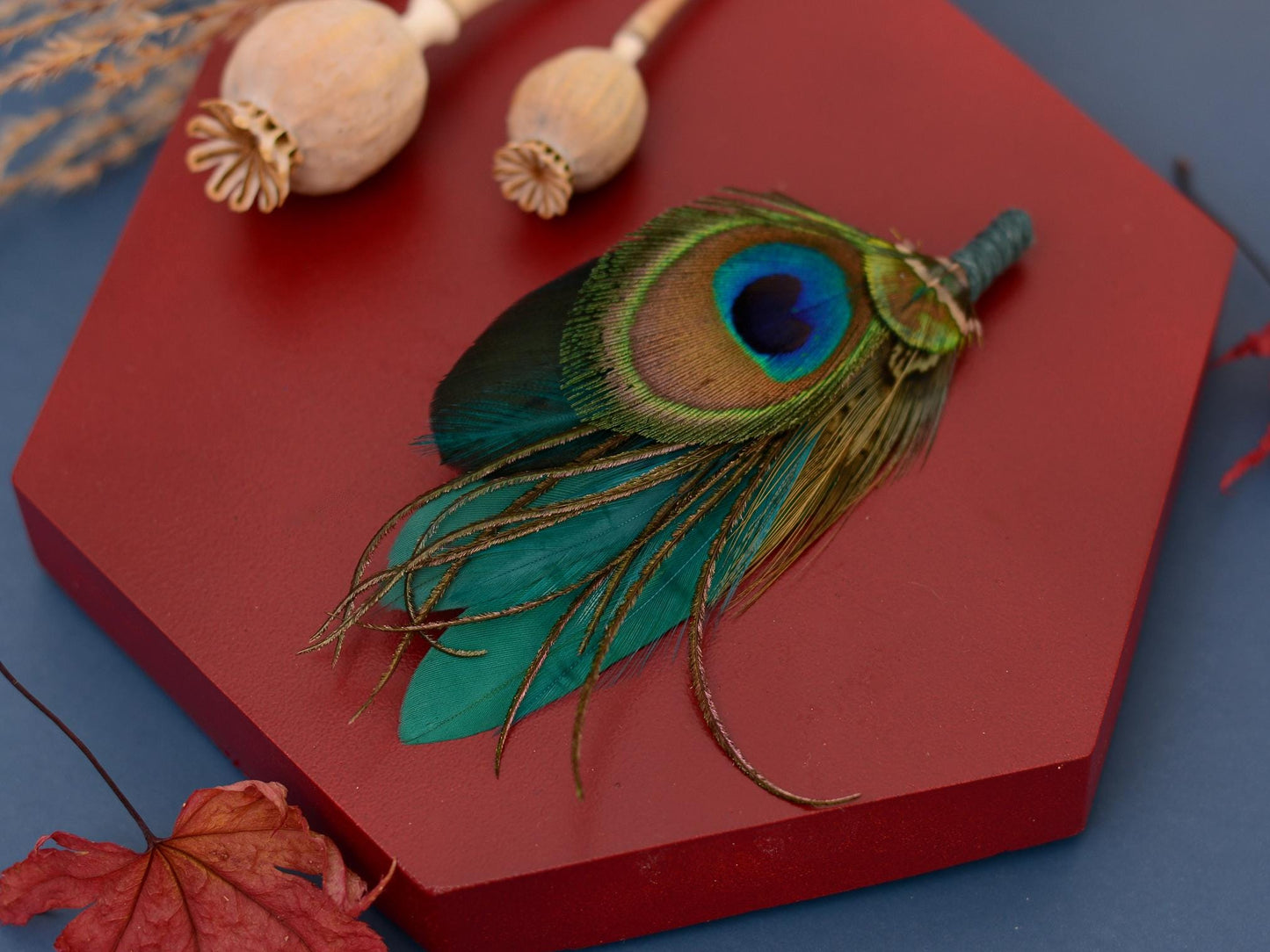 Teal and Green Peacock and Pheasant Feather Lapel Pin | Peacock Feather Boutonniere | Peacock Feather Brooch