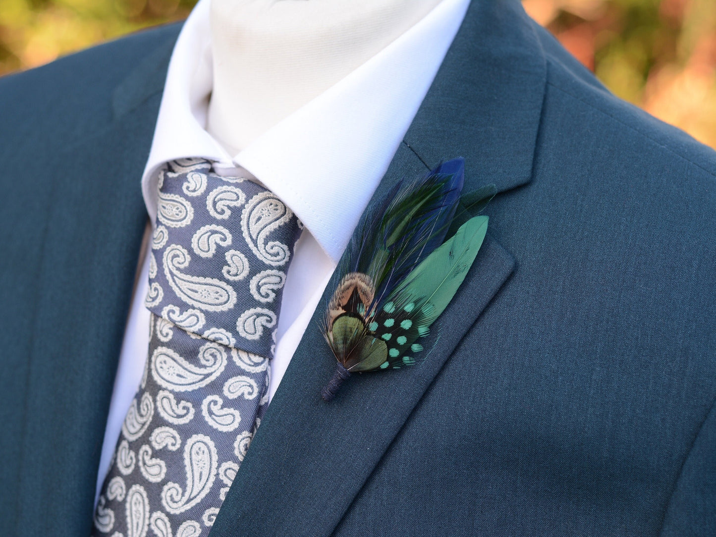 Navy Blue and Bottle Green Feather Boutonniere | Duck Feather Hat Pin | Pheasant Feather Brooch