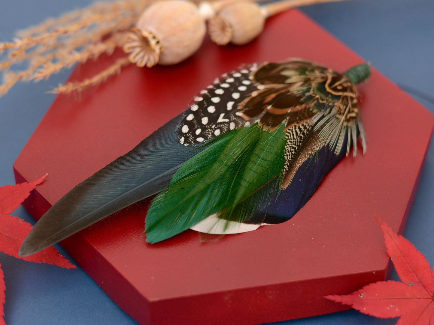 Navy and Green Pheasant and Duck Feather Lapel Pin / Hat Pin | Pheasant Feather Boutonniere | Pheasant Feather Brooch