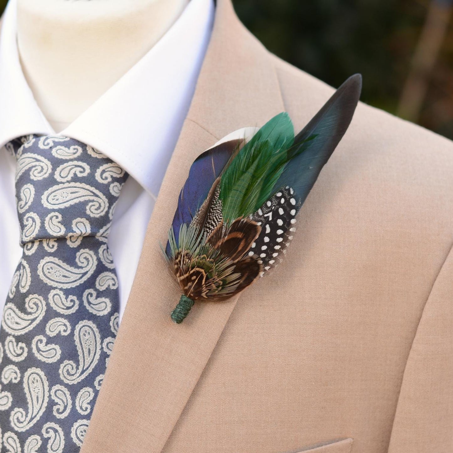 Navy and Green Pheasant and Duck Feather Lapel Pin / Hat Pin | Pheasant Feather Boutonniere | Pheasant Feather Brooch