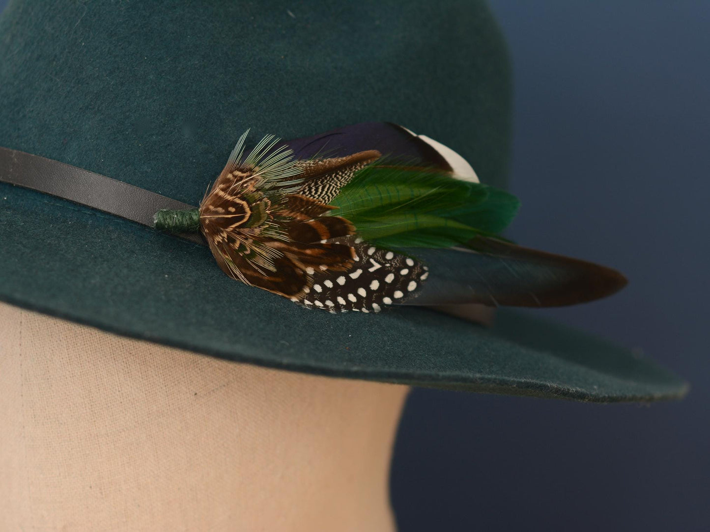 Navy and Green Pheasant and Duck Feather Lapel Pin / Hat Pin | Pheasant Feather Boutonniere | Pheasant Feather Brooch