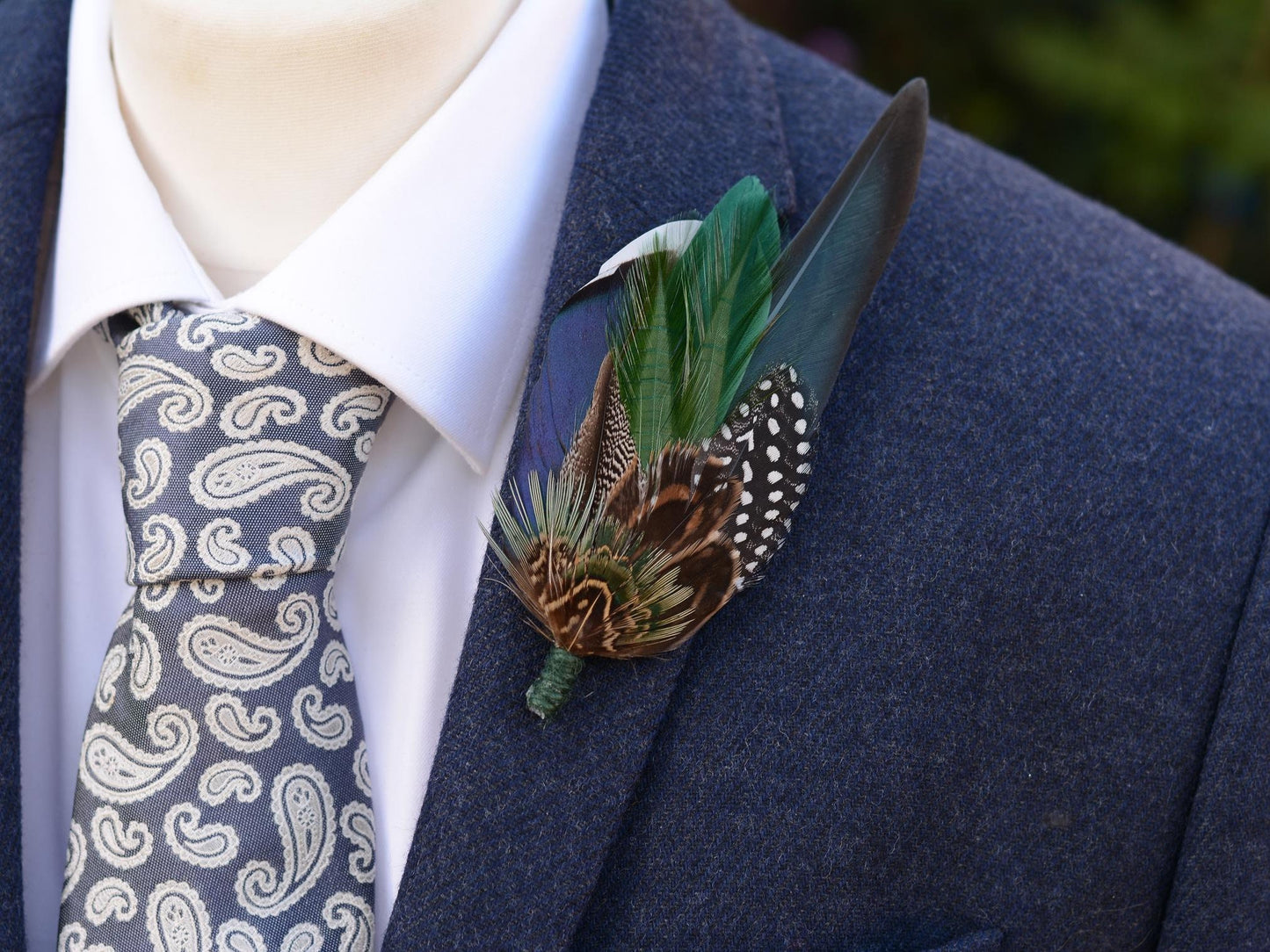 Navy and Green Pheasant and Duck Feather Lapel Pin / Hat Pin | Pheasant Feather Boutonniere | Pheasant Feather Brooch