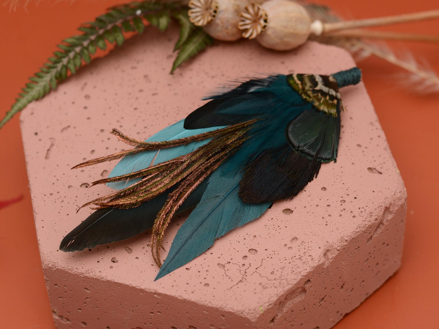 Dark Teal and Green Feather Hat Pin / Brooch No.267 | Feather Boutonniere | Pheasant Feather Brooch