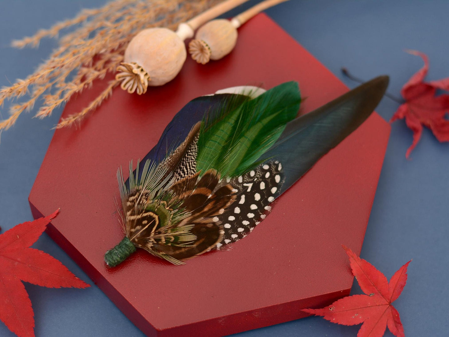 Navy and Green Pheasant and Duck Feather Lapel Pin / Hat Pin | Pheasant Feather Boutonniere | Pheasant Feather Brooch