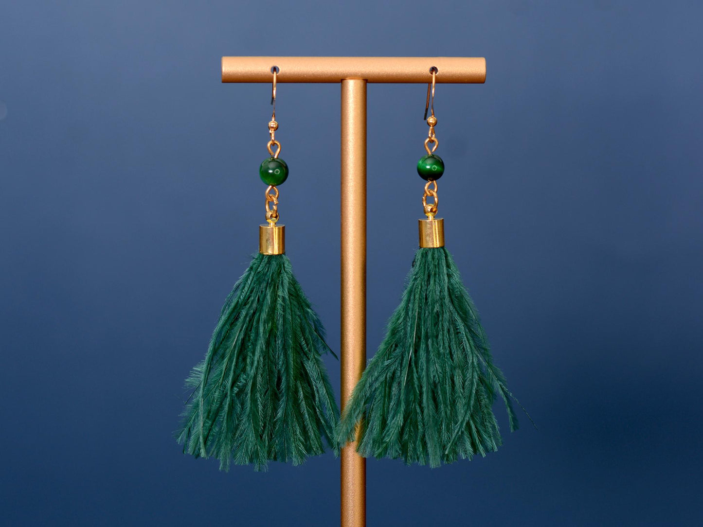 Green Agate and Ostrich Feather Tassel Earrings | Feather Jewellery | Long Earrings