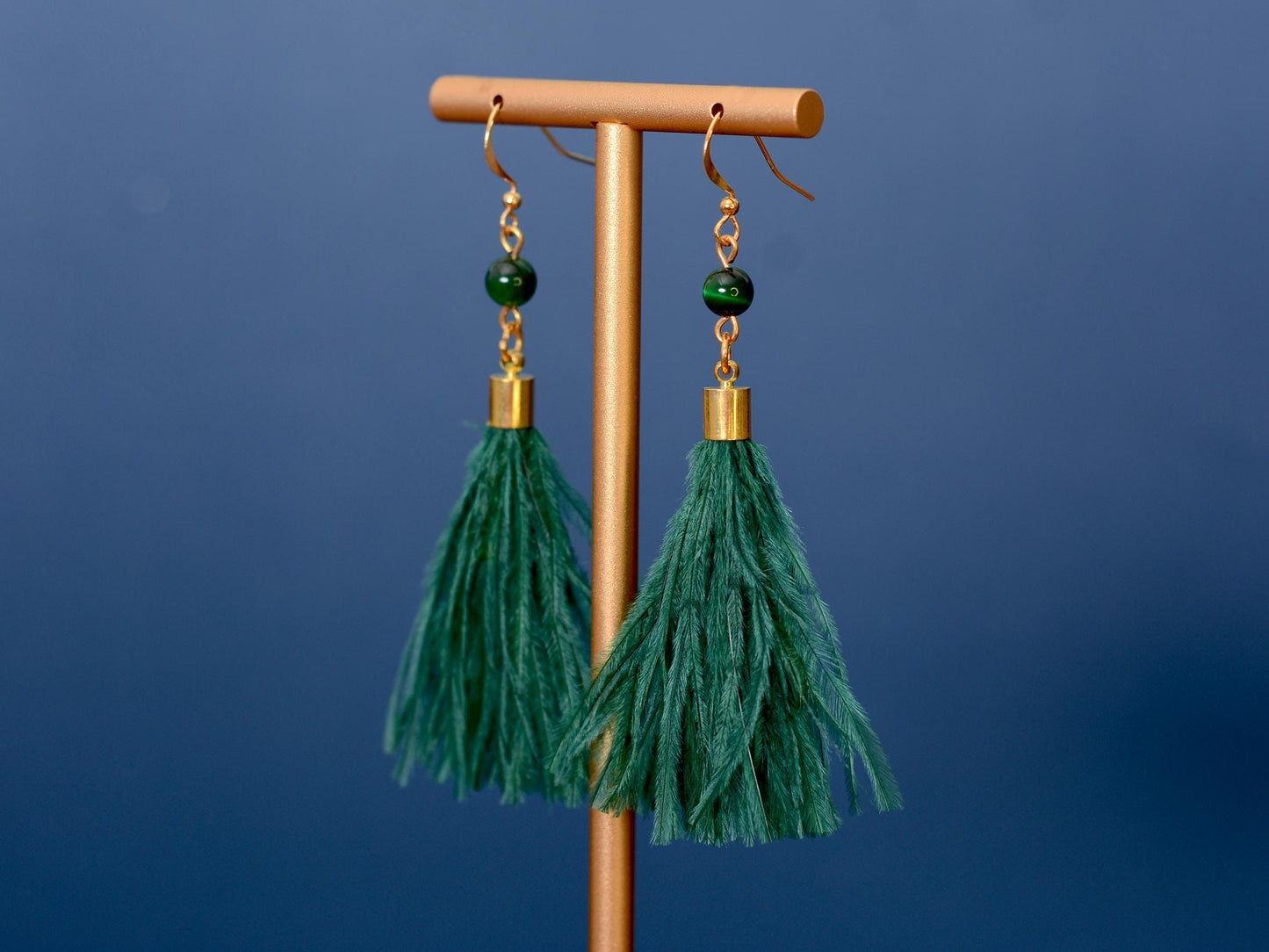 Green Agate and Ostrich Feather Tassel Earrings | Feather Jewellery | Long Earrings