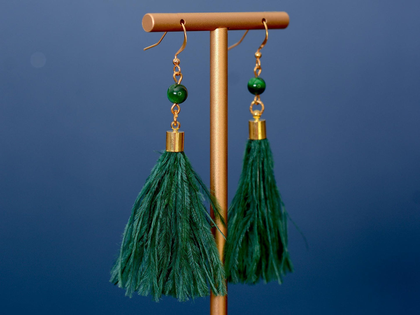 Green Agate and Ostrich Feather Tassel Earrings | Feather Jewellery | Long Earrings