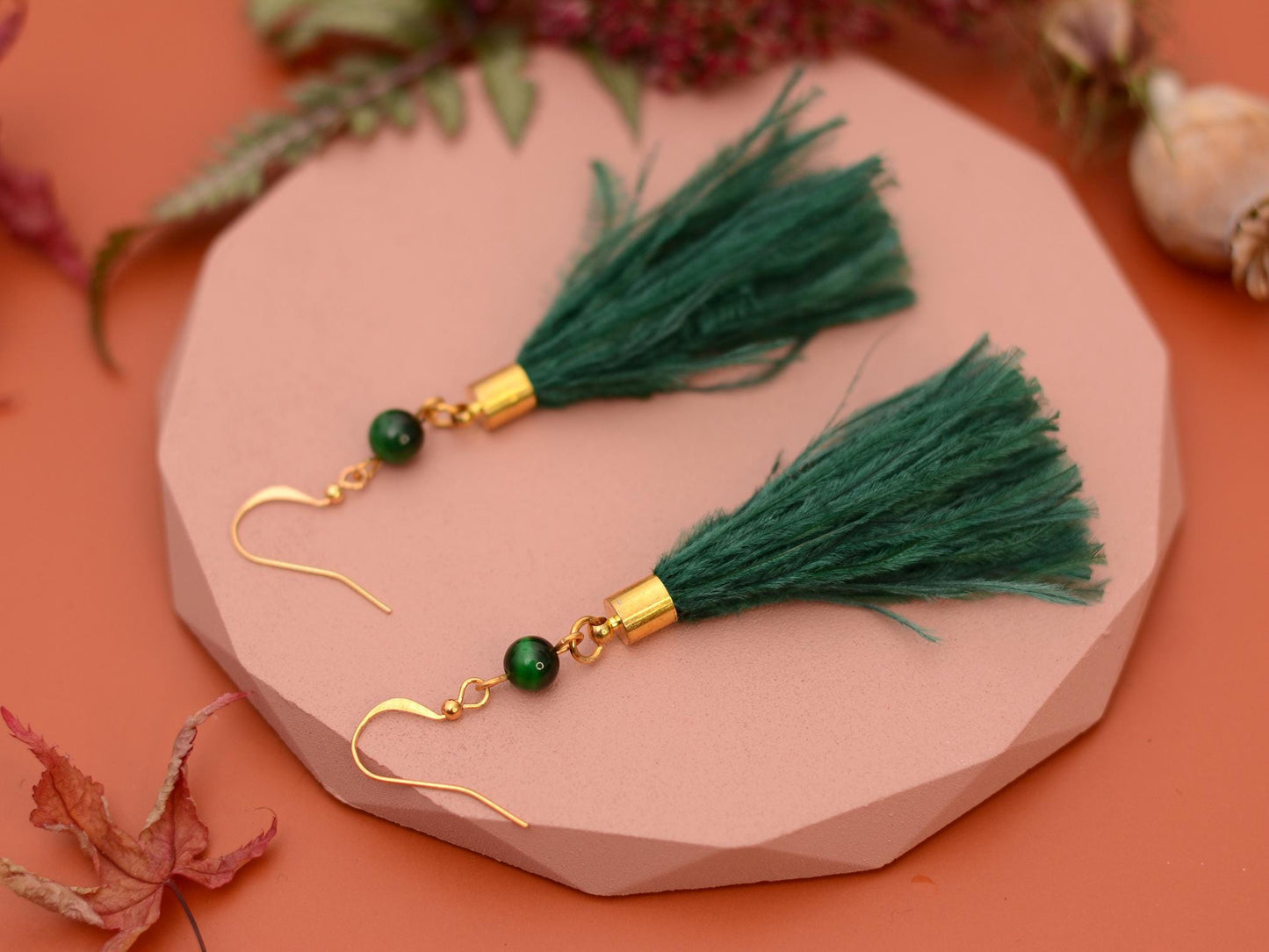 Green Agate and Ostrich Feather Tassel Earrings | Feather Jewellery | Long Earrings