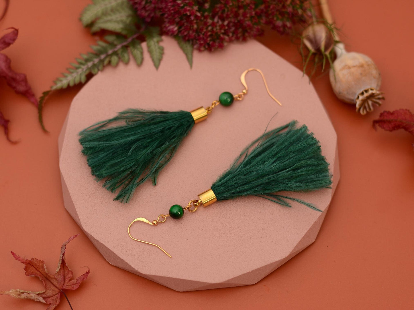Green Agate and Ostrich Feather Tassel Earrings | Feather Jewellery | Long Earrings