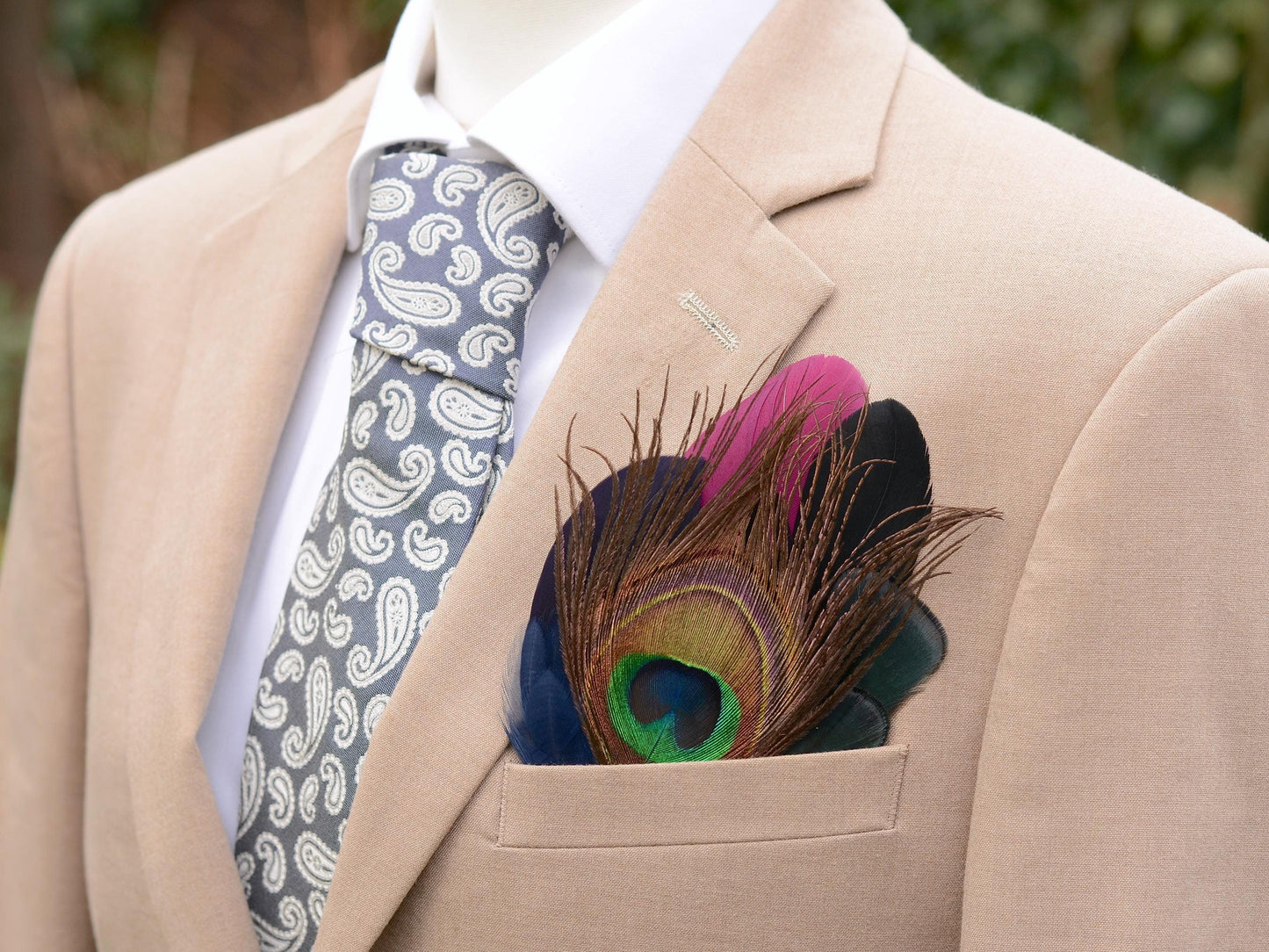 Plum Purple, Black, Navy and Peacock Feather Pocket Square No.154 | Suit Accessory | Feather Neck Tie | Grooms Outfit | Groomsmen | Wedding