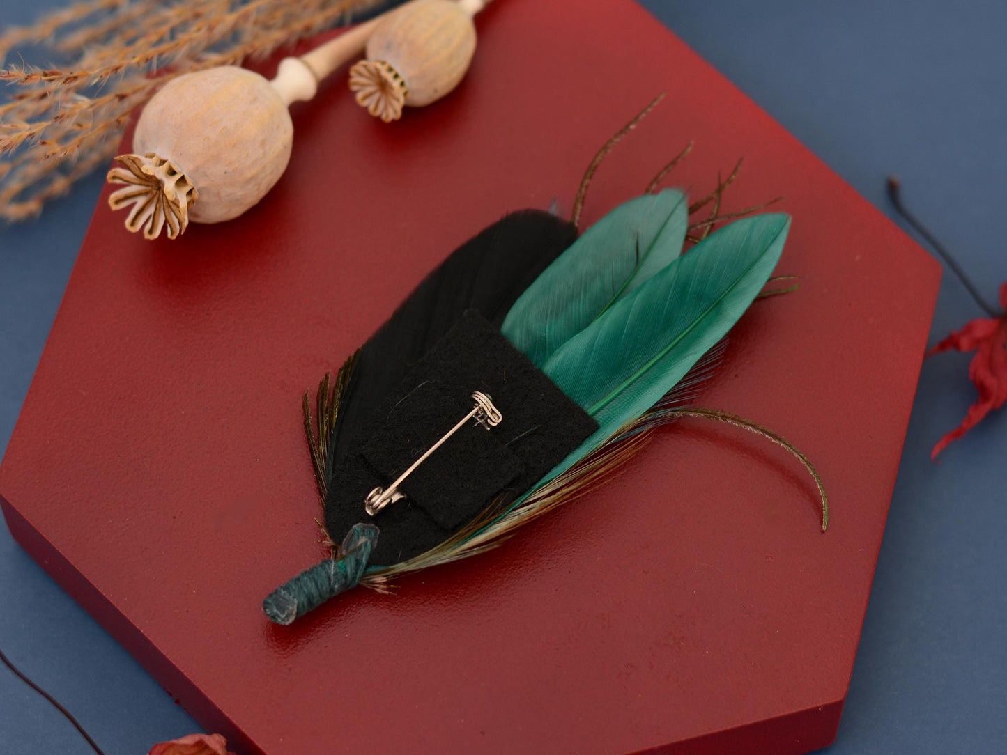 Teal and Green Peacock and Pheasant Feather Lapel Pin | Peacock Feather Boutonniere | Peacock Feather Brooch