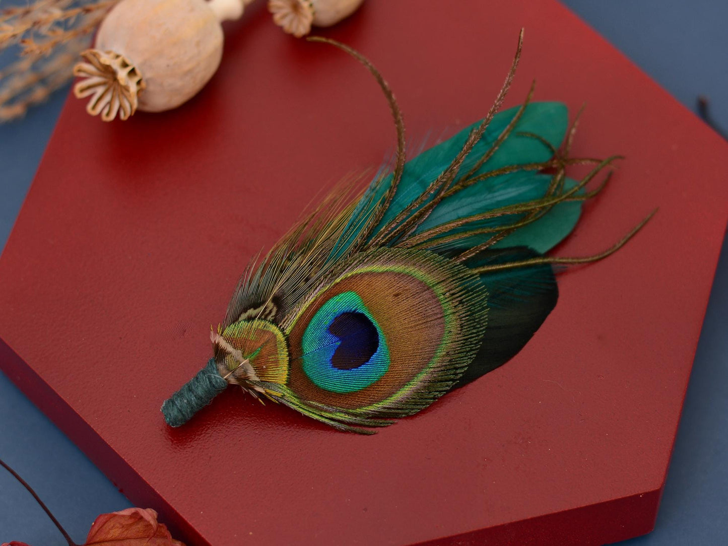 Teal and Green Peacock and Pheasant Feather Lapel Pin | Peacock Feather Boutonniere | Peacock Feather Brooch