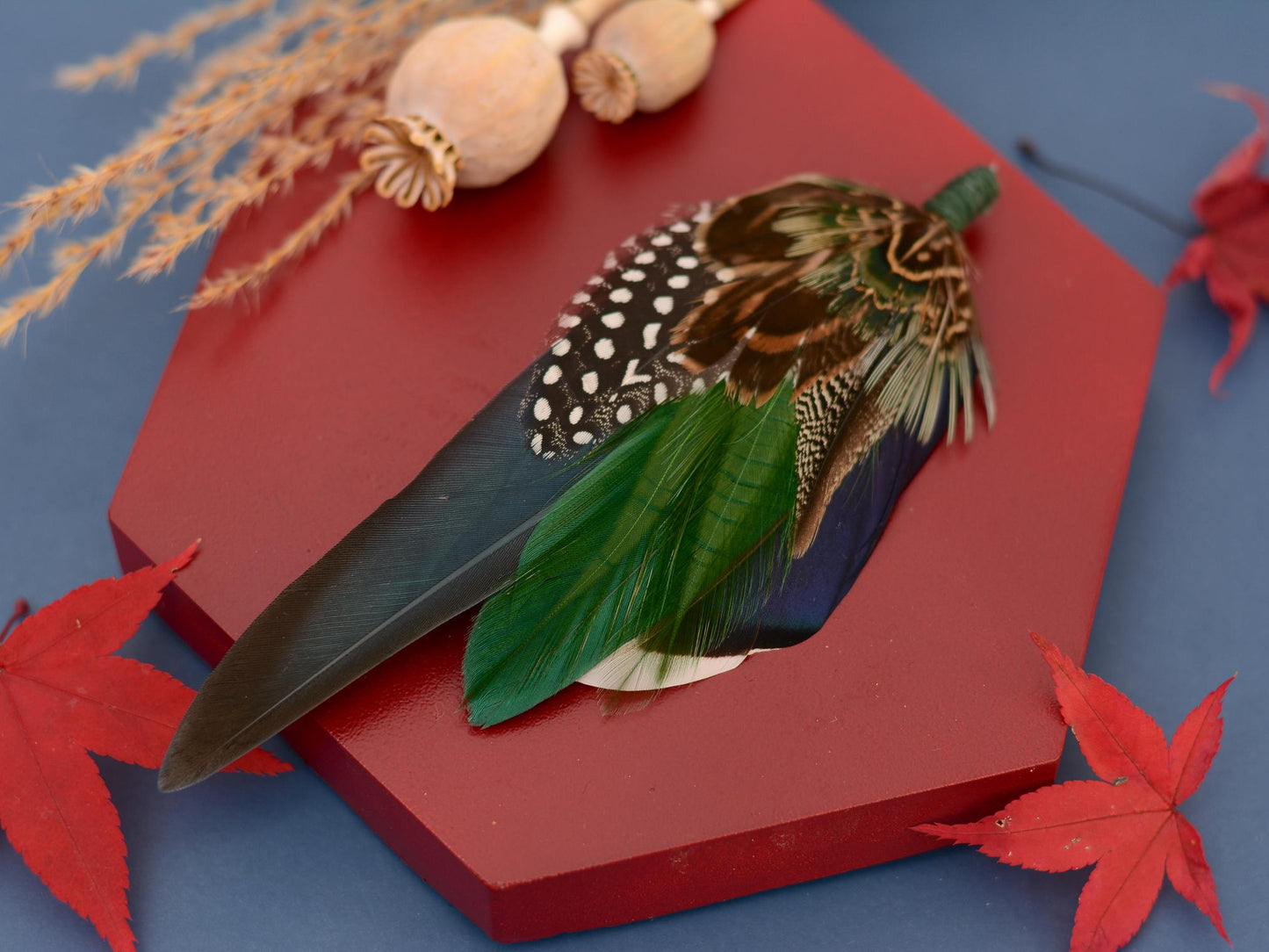 Navy and Green Pheasant and Duck Feather Lapel Pin / Hat Pin | Pheasant Feather Boutonniere | Pheasant Feather Brooch