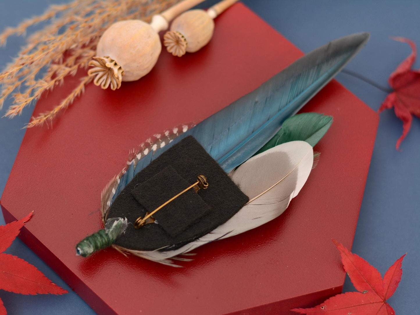 Navy and Green Pheasant and Duck Feather Lapel Pin / Hat Pin | Pheasant Feather Boutonniere | Pheasant Feather Brooch