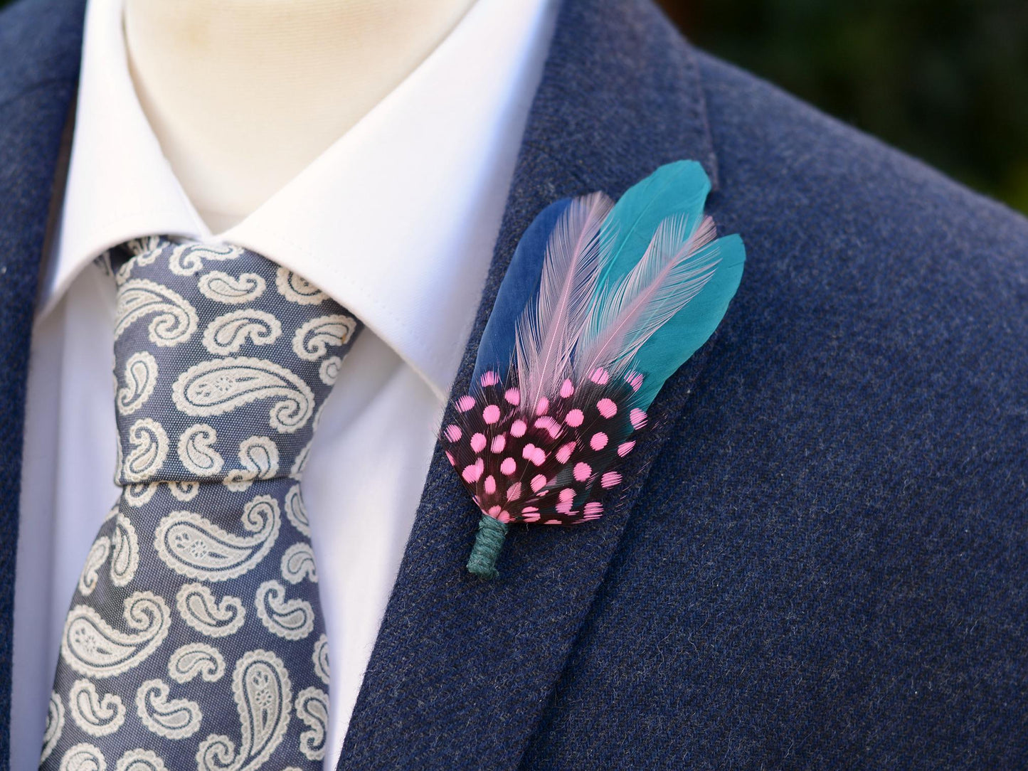 Teal, Pink and Navy Feather Lapel Pin | Pheasant Feather Boutonniere | Feather Brooch | Feather Hat Pin