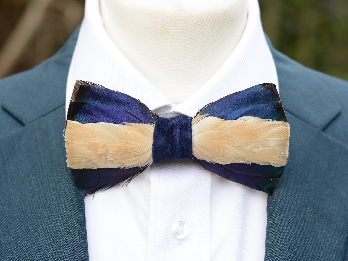 Duck Feather Bow Tie in Blue and Ivory | Polka Dot Bow Tie | Feather Neck Tie | Grooms Outfit