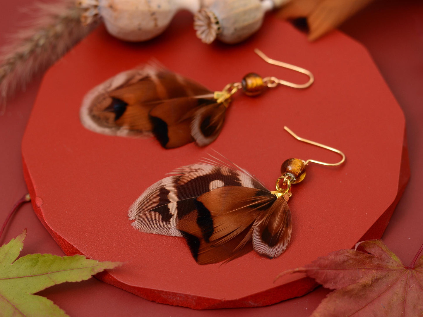 Pheasant Tassel Feather Earrings with Amber Glass Bead | Festival Earrings | Feather Jewellery | Festival Jewellery