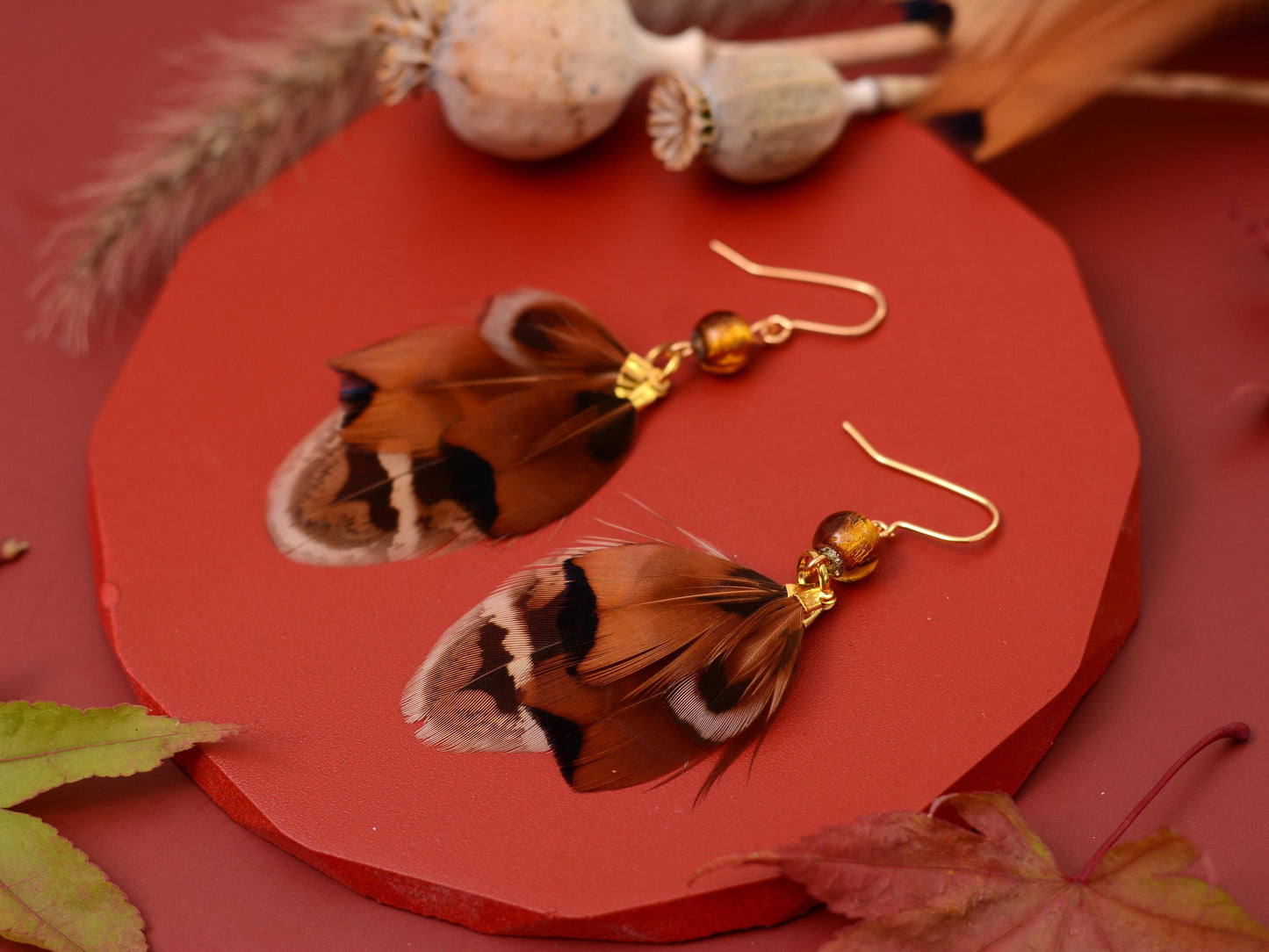 Pheasant Tassel Feather Earrings with Amber Glass Bead | Festival Earrings | Feather Jewellery | Festival Jewellery
