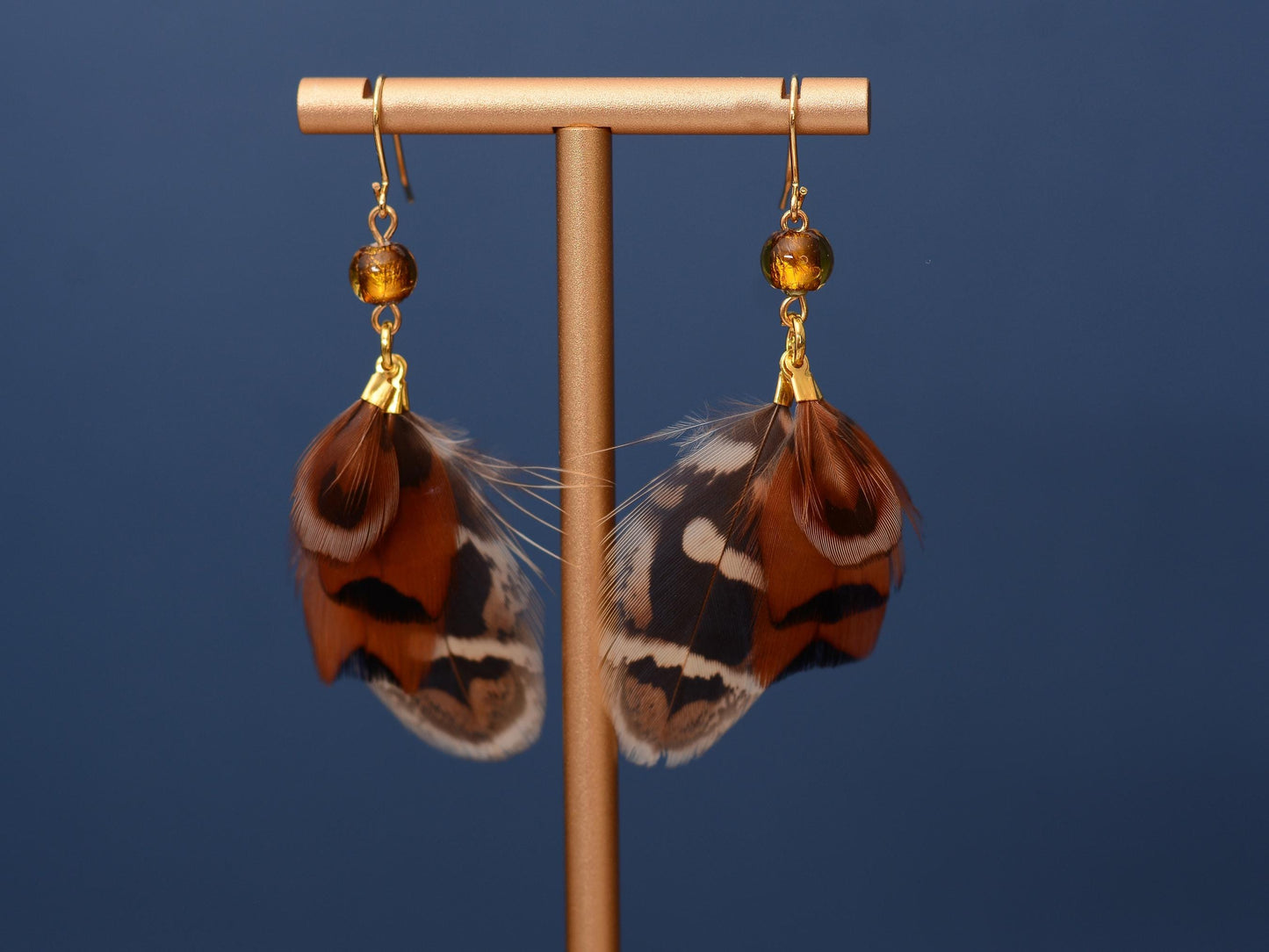 Pheasant Tassel Feather Earrings with Amber Glass Bead | Festival Earrings | Feather Jewellery | Festival Jewellery