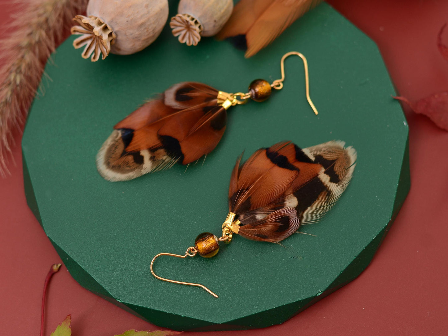 Pheasant Tassel Feather Earrings with Amber Glass Bead | Festival Earrings | Feather Jewellery | Festival Jewellery