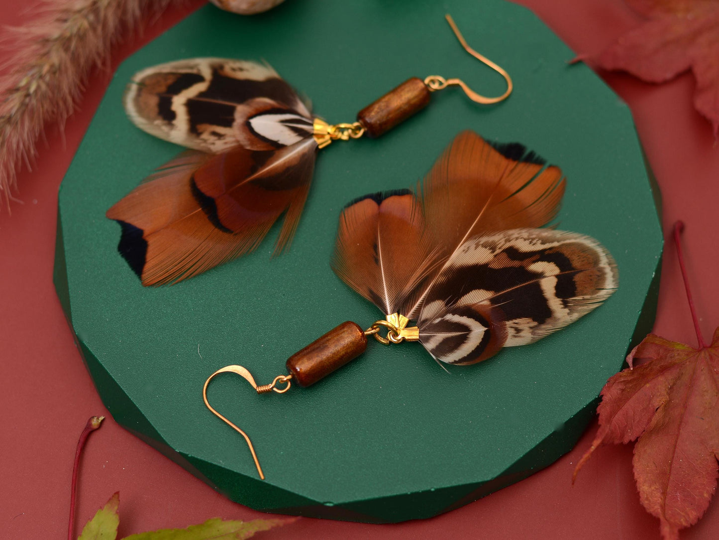 Pheasant Tassel Feather Earrings with Vintage Glass Tube Bead | Festival Earrings | Feather Jewellery | Festival Jewellery