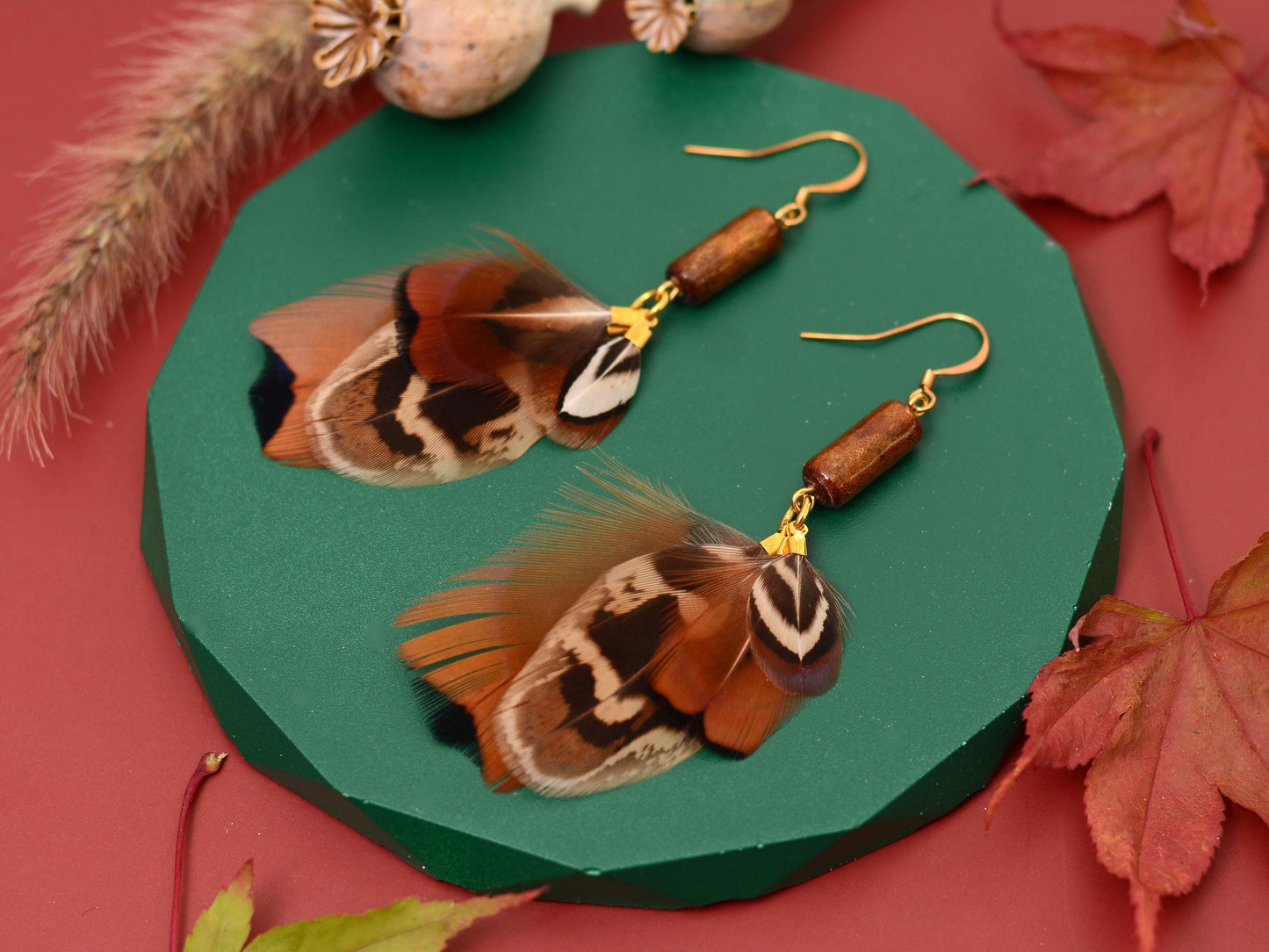 Pheasant Tassel Feather Earrings with Vintage Glass Tube Bead | Festival Earrings | Feather Jewellery | Festival Jewellery