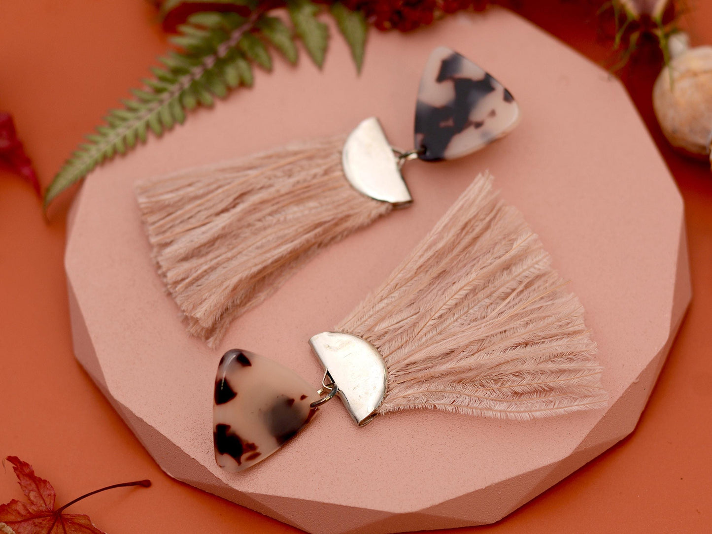 Nude Pink and Tortoiseshell Ostrich Feather Tassel Earrings