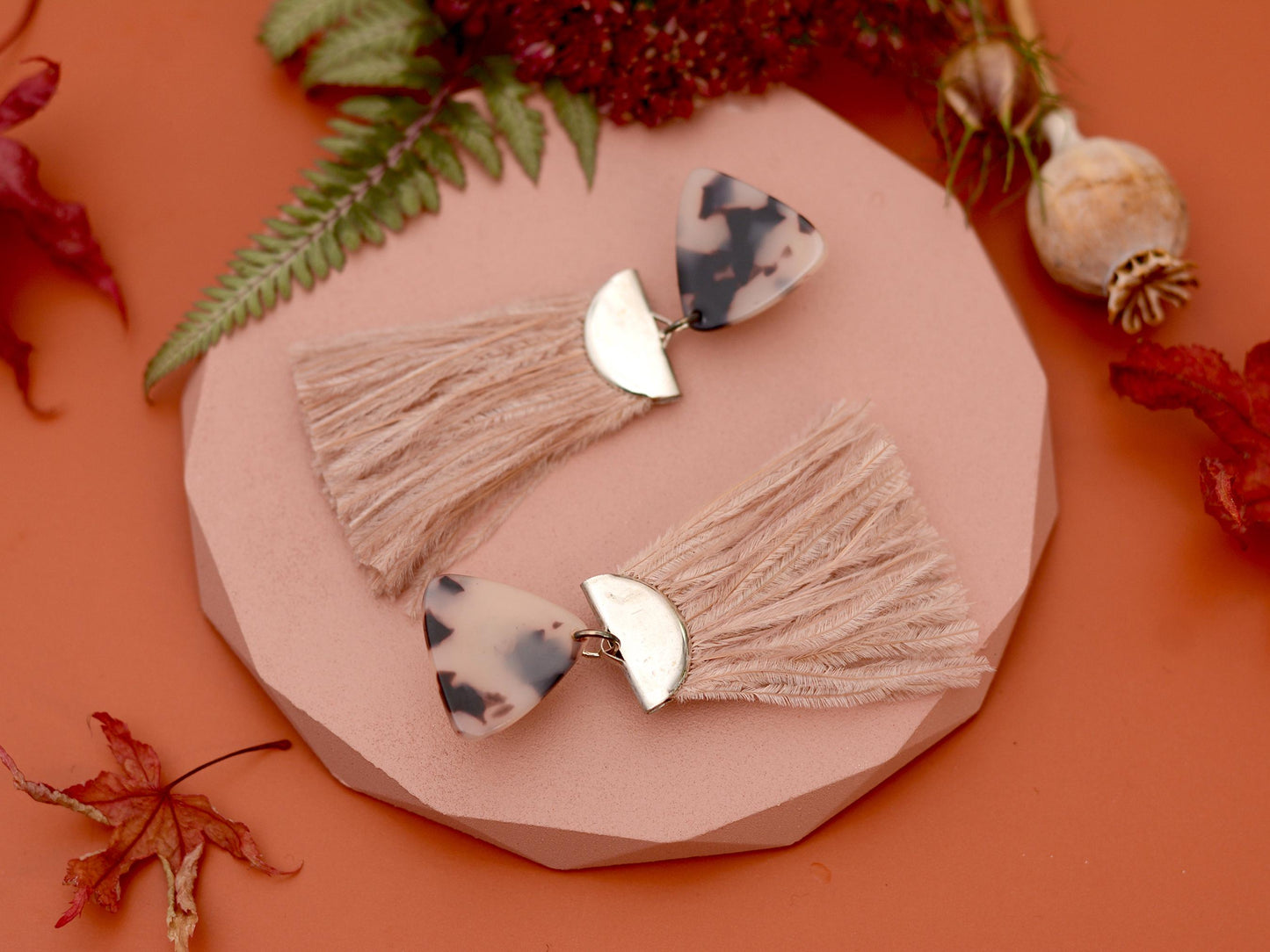 Nude Pink and Tortoiseshell Ostrich Feather Tassel Earrings