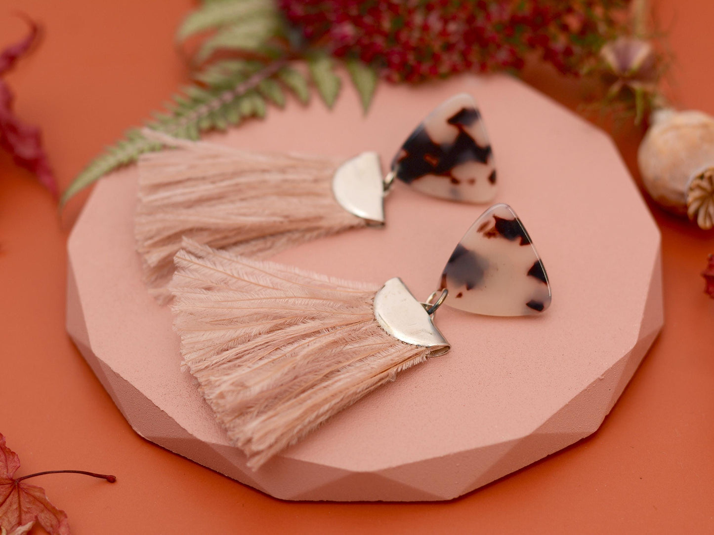 Nude Pink and Tortoiseshell Ostrich Feather Tassel Earrings