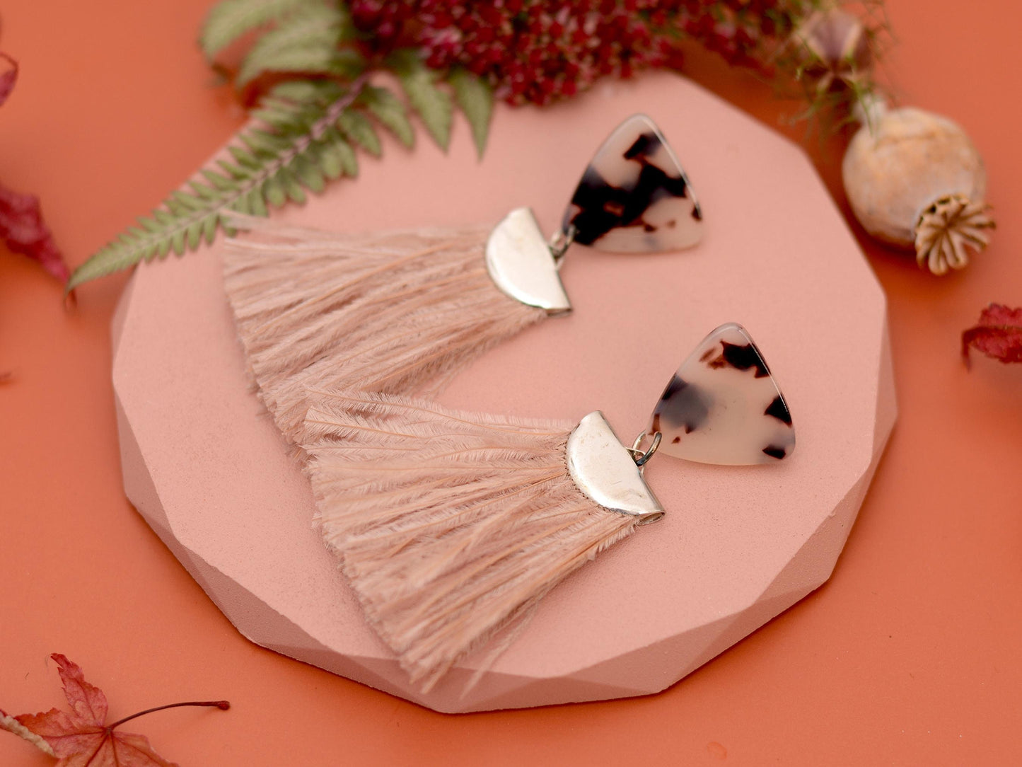 Nude Pink and Tortoiseshell Ostrich Feather Tassel Earrings