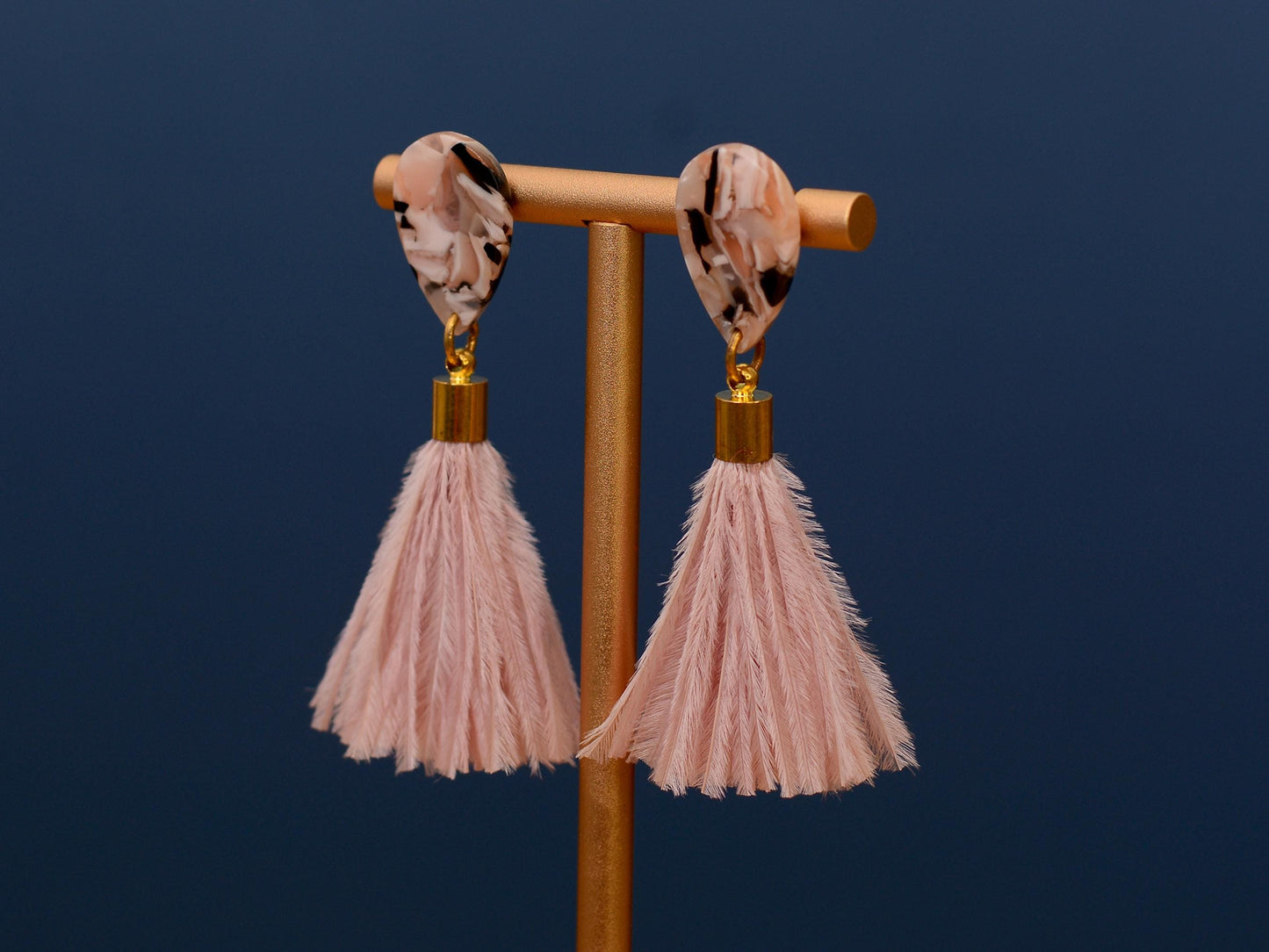 Blush Pink Marble Acetate and Ostrich Feather Tassel Earrings