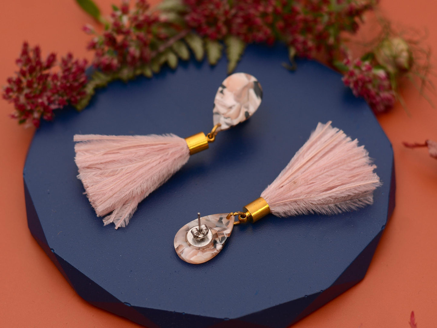 Blush Pink Marble Acetate and Ostrich Feather Tassel Earrings