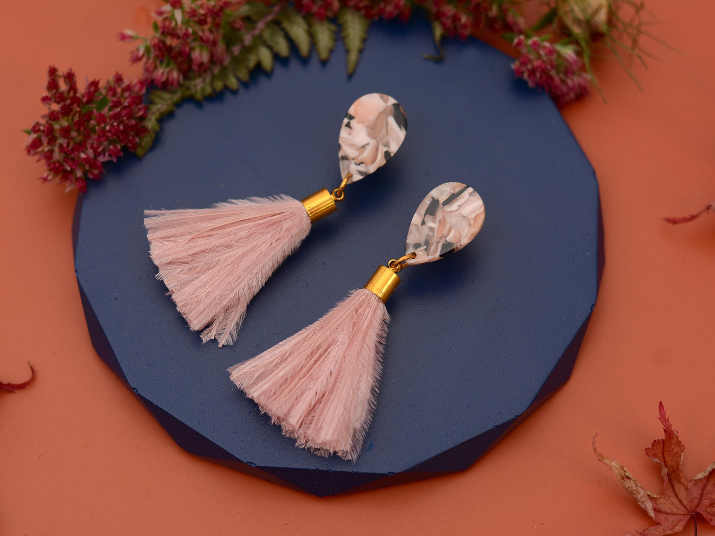 Blush Pink Marble Acetate and Ostrich Feather Tassel Earrings