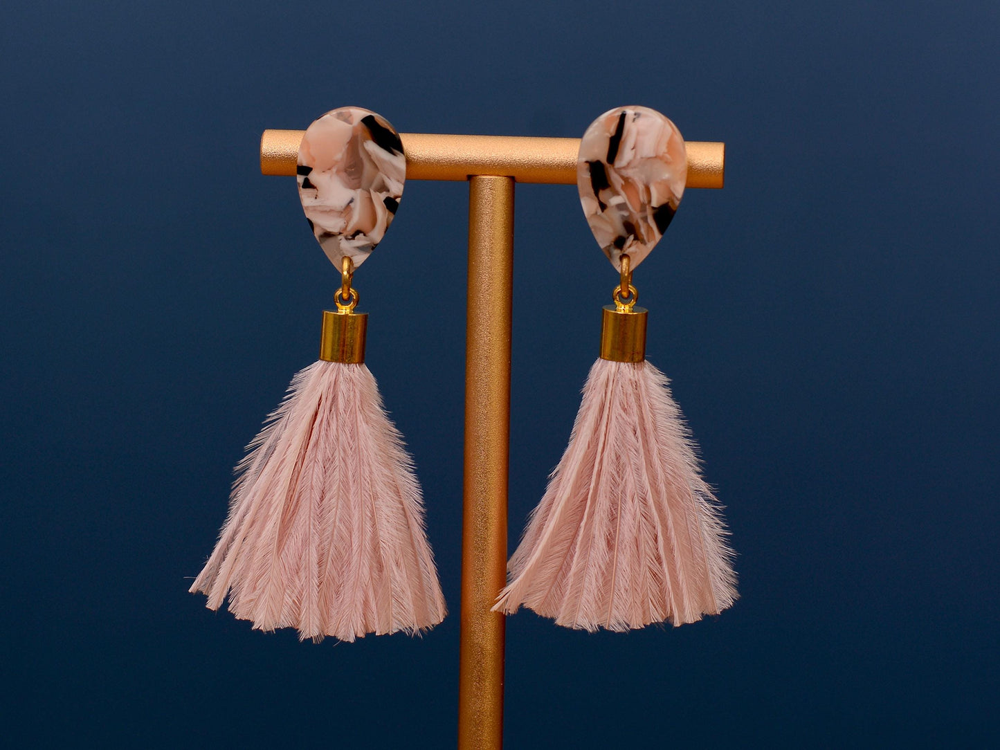 Blush Pink Marble Acetate and Ostrich Feather Tassel Earrings
