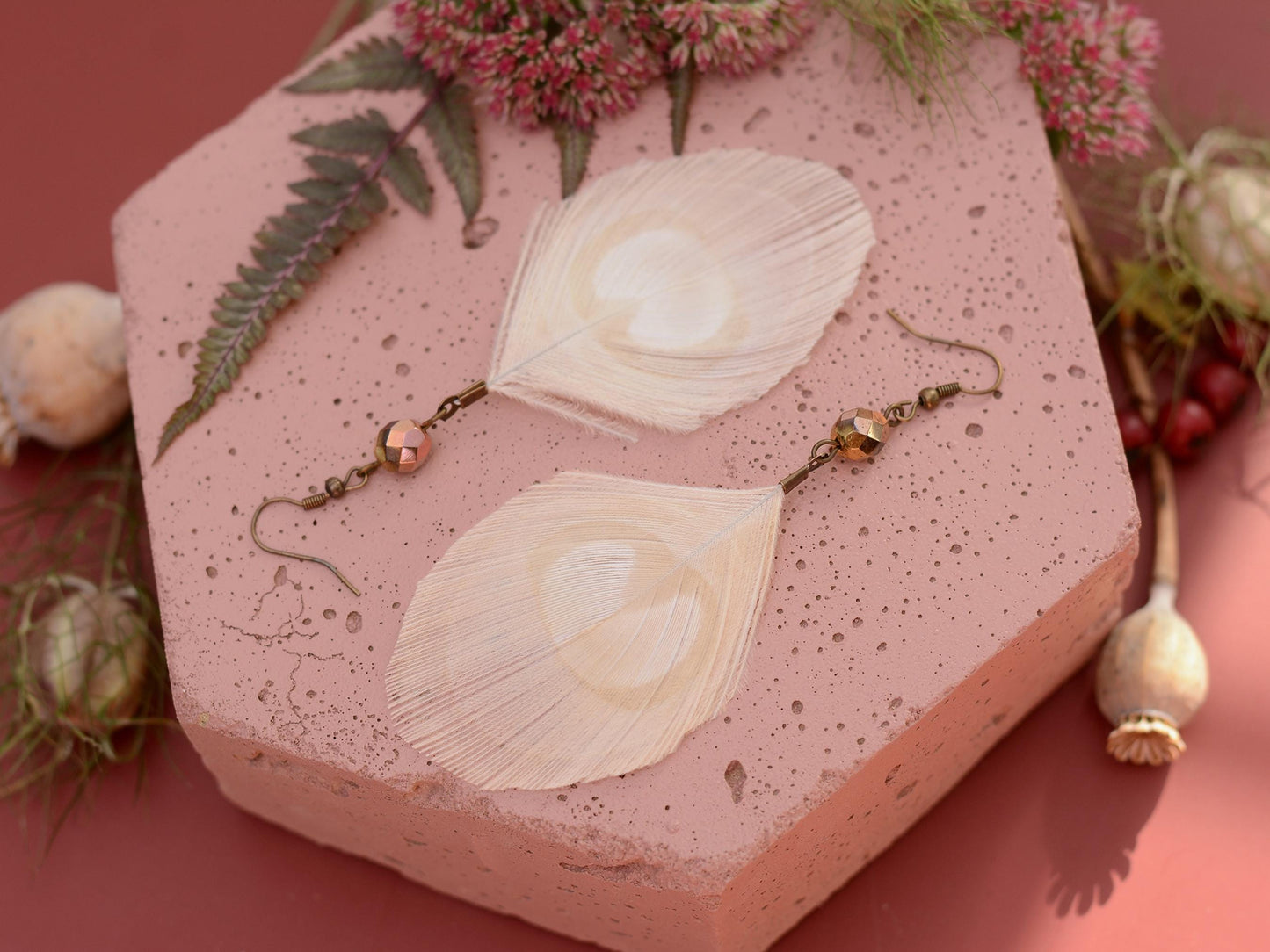 Large Ivory / White Peacock Eye Feather Earrings with Rose Gold Crystal Beads| Bridal Earrings | Boho Bride | Bohemian Bride