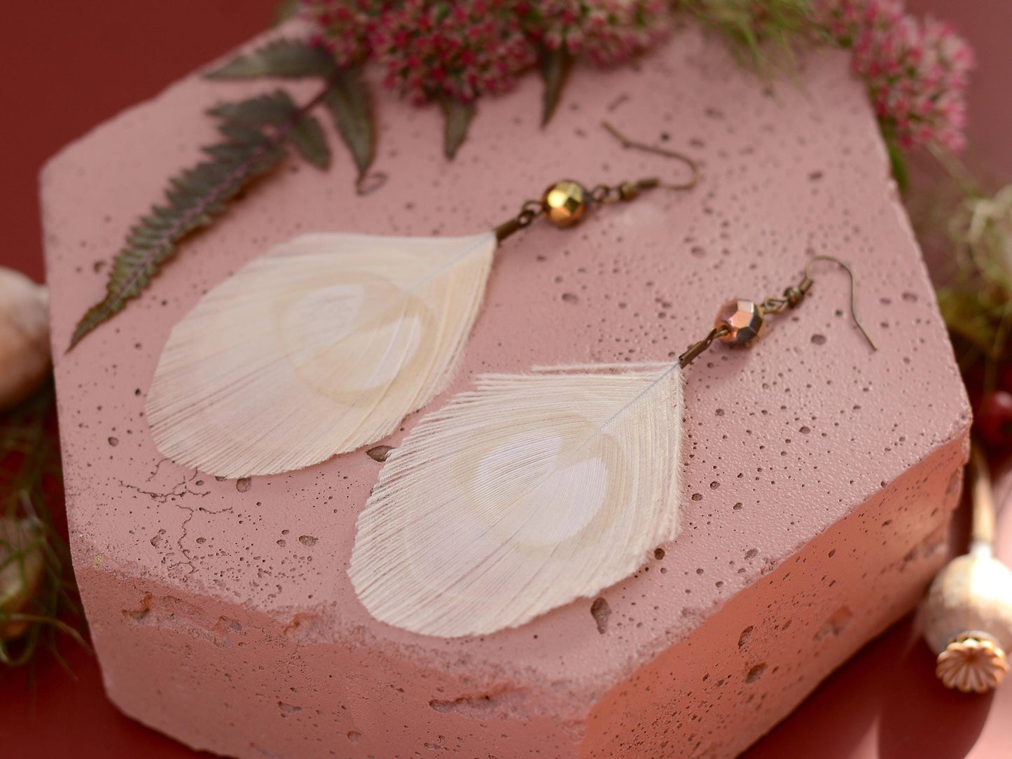 Large Ivory / White Peacock Eye Feather Earrings with Rose Gold Crystal Beads| Bridal Earrings | Boho Bride | Bohemian Bride