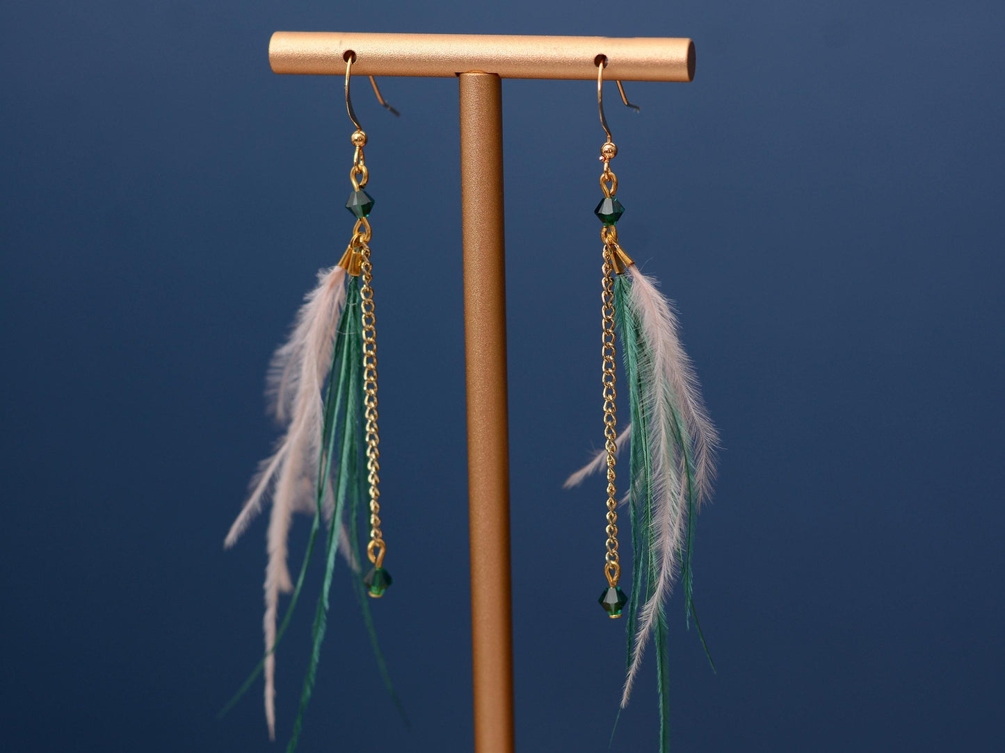 Delicate Emerald Green and Blush Pink Ostrich FeatherTassel Earrings