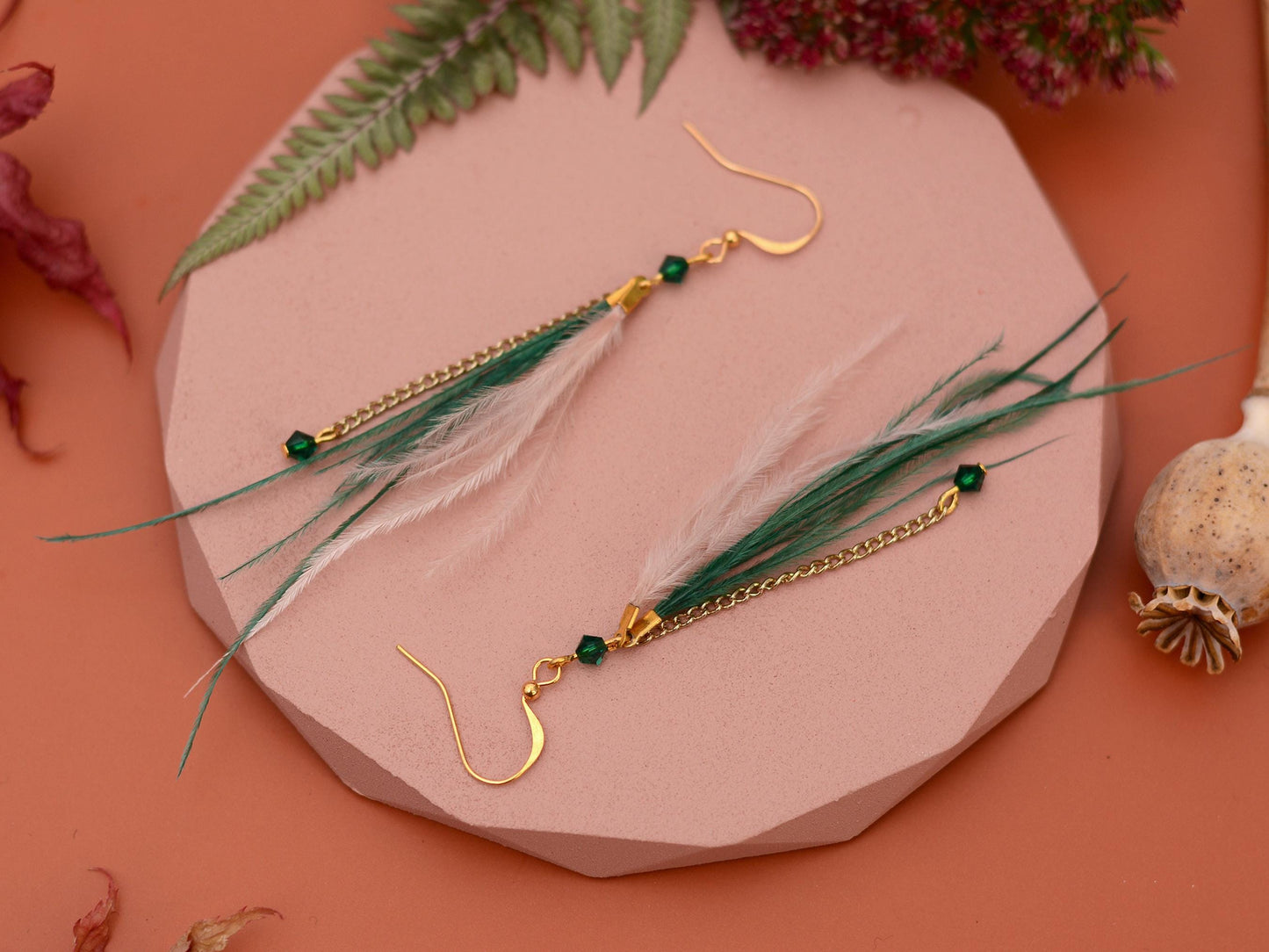 Delicate Emerald Green and Blush Pink Ostrich FeatherTassel Earrings