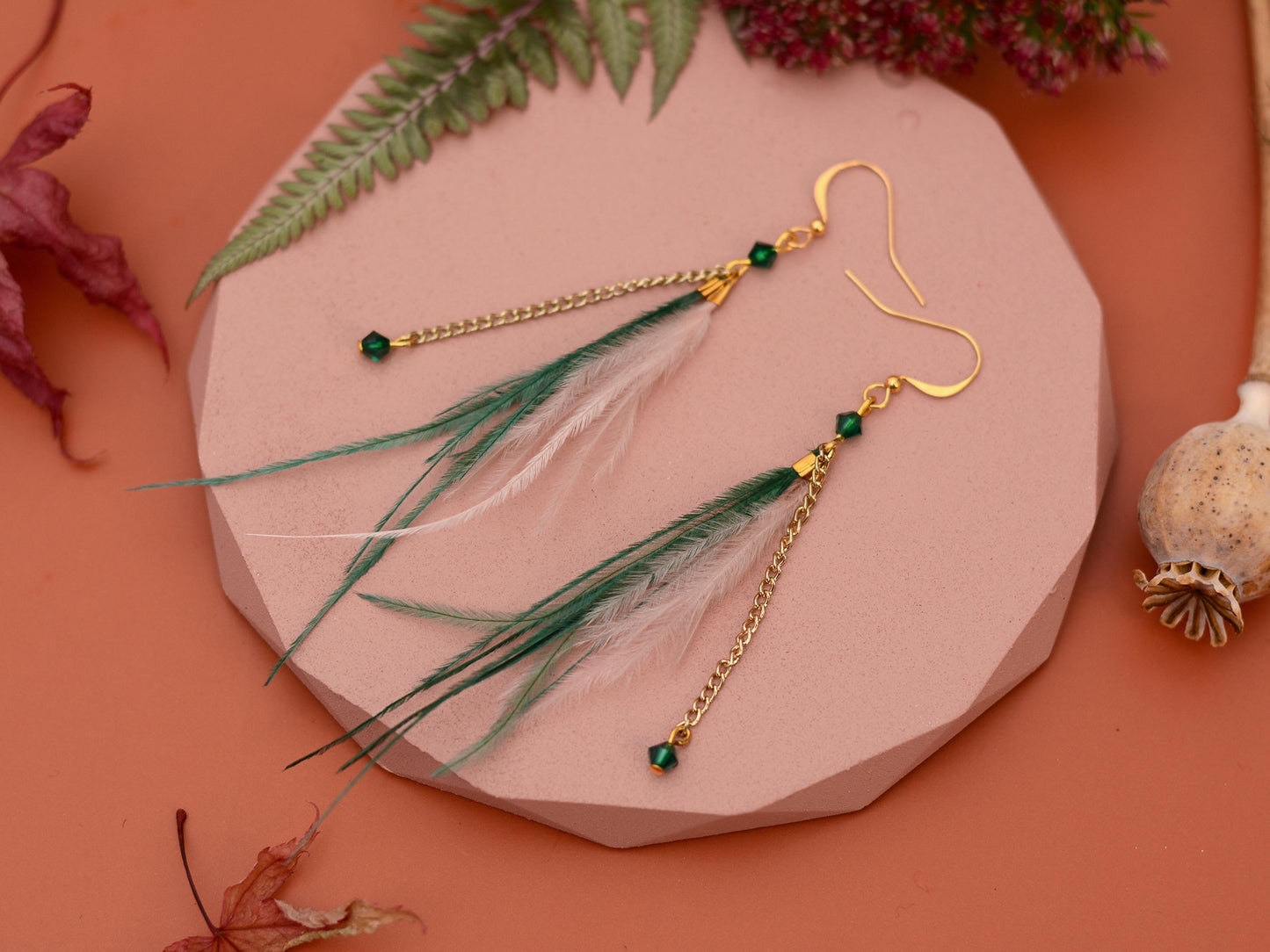 Delicate Emerald Green and Blush Pink Ostrich FeatherTassel Earrings