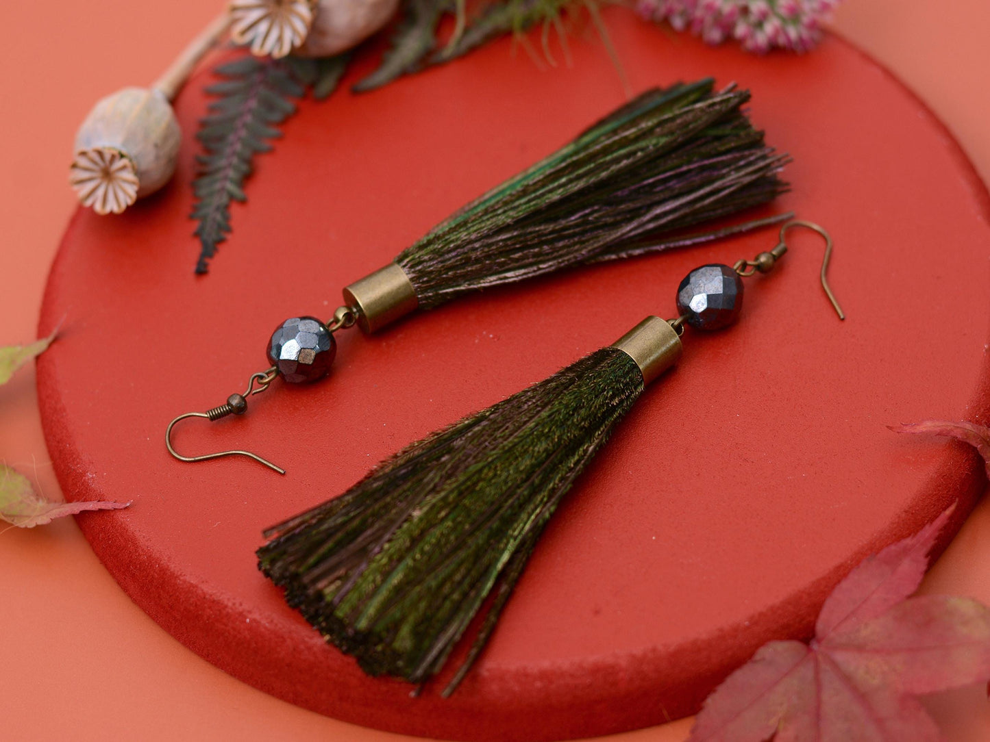Large Round Peacock Feather Tassel Earrings | Festival Earrings | Feather Jewellery | Long Earrings