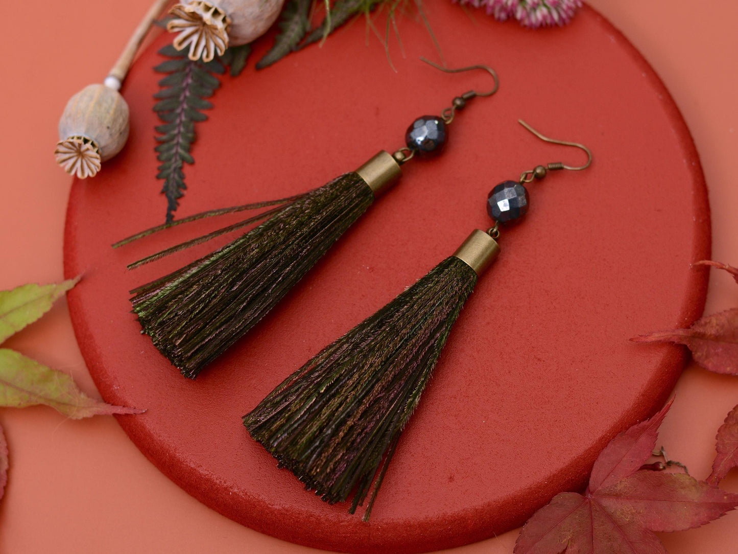 Large Round Peacock Feather Tassel Earrings | Festival Earrings | Feather Jewellery | Long Earrings