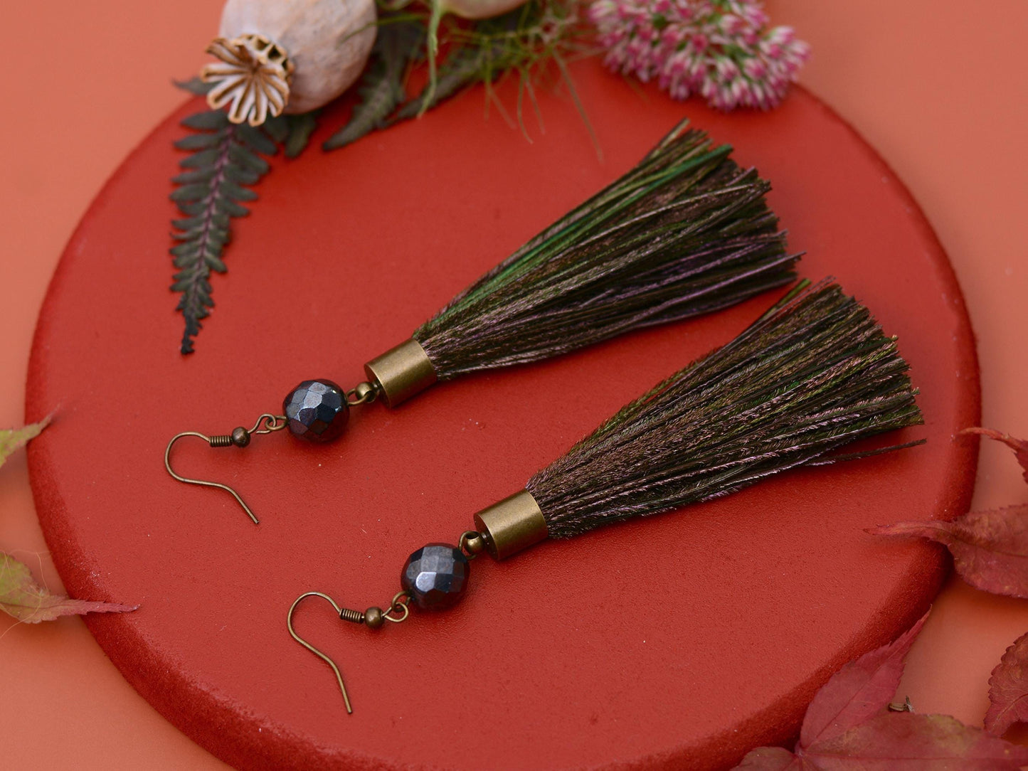 Large Round Peacock Feather Tassel Earrings | Festival Earrings | Feather Jewellery | Long Earrings
