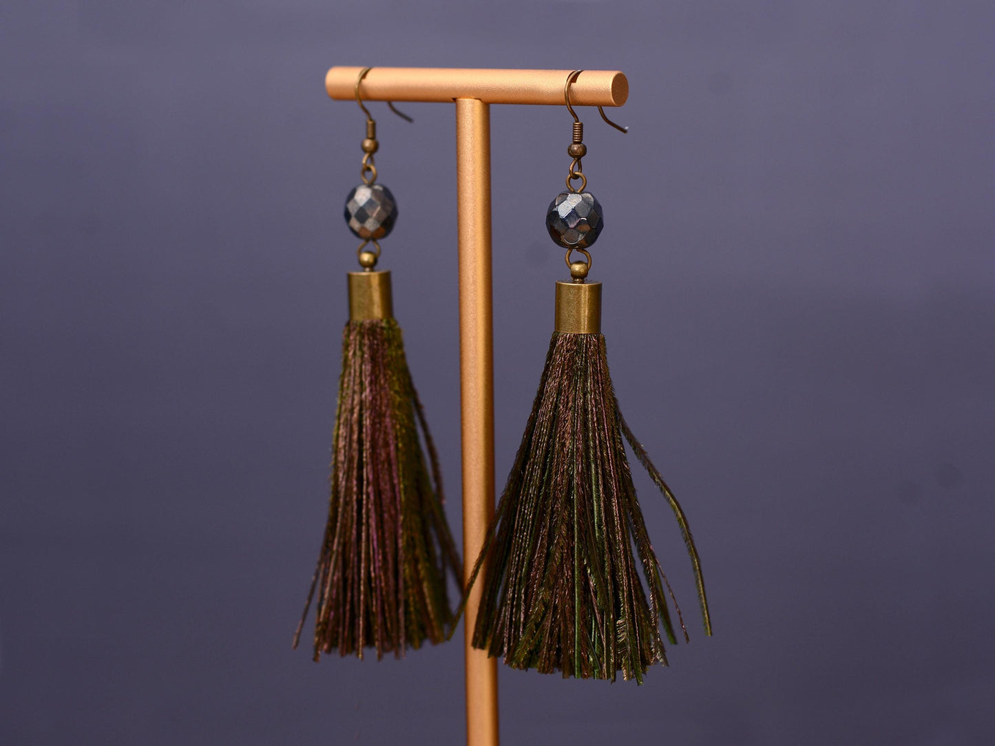 Large Round Peacock Feather Tassel Earrings | Festival Earrings | Feather Jewellery | Long Earrings